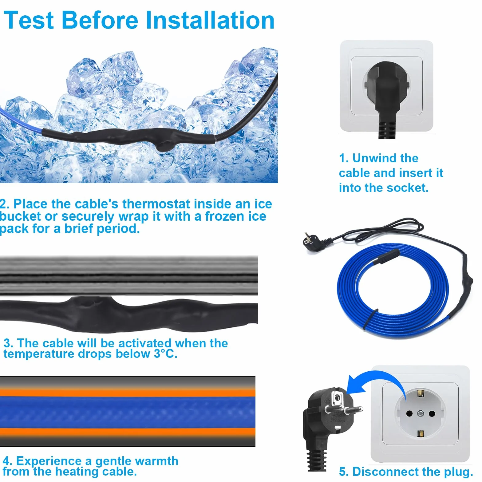 Cavi Termici per Tubi, Ci-Fotto Cavo di Riscaldamento Autoregolante con Termostato Incorporato per Protezione di Tubi Dell'acqua, Tubi di Casa in Metallo/Plastica, Abbeveratoi per Pascoli (3M, 17W/M)
