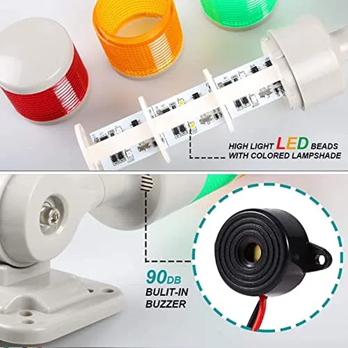 Semafori a Torre a LED, DC 24V Spie Industriali a 3 Livelli con Allarme Acustico Ip54 Indicatore Luminoso a Torre a Colonna Pieghevole Luce Lampeggiante Fissa Commutabile