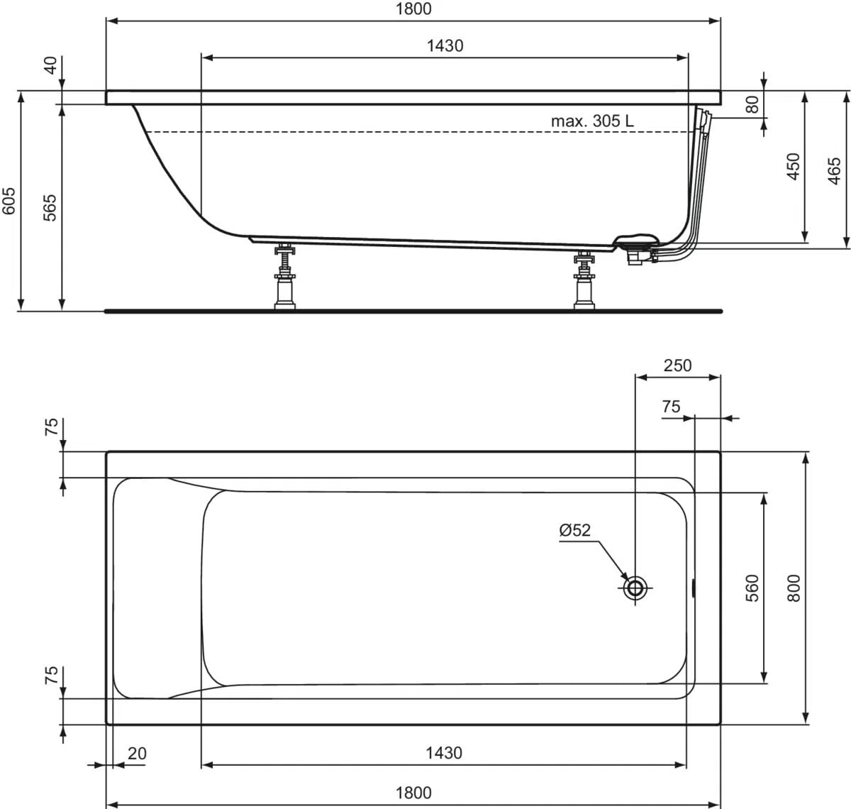 Ideal Standard Serie Connect Air Vasca da Bagno 180x80cm T362201 da Incasso Solo Guscio, bianco