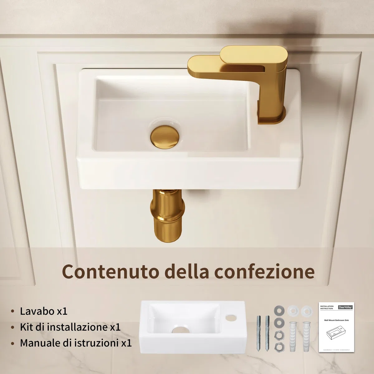 DeerValley - Piccolo lavabo da bagno rettangolare, 38 x 17,8 cm, montaggio a parete, per bagno, toilette, sospeso, design salva-spazio, facile da pulire, in ceramica nera opaca