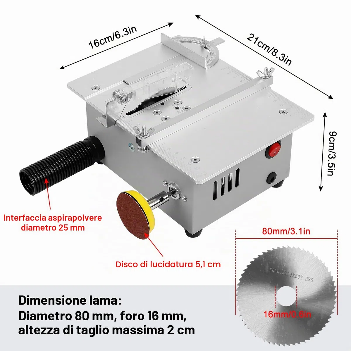 Mini sega da tavolo, 240 W, doppio controllo del motore, con disco abrasivo da 2 pollici, 10 cuscinetti per lucidatura e 4 lame, profondità di taglio regolabile, seghe circolari da tavolo, spina