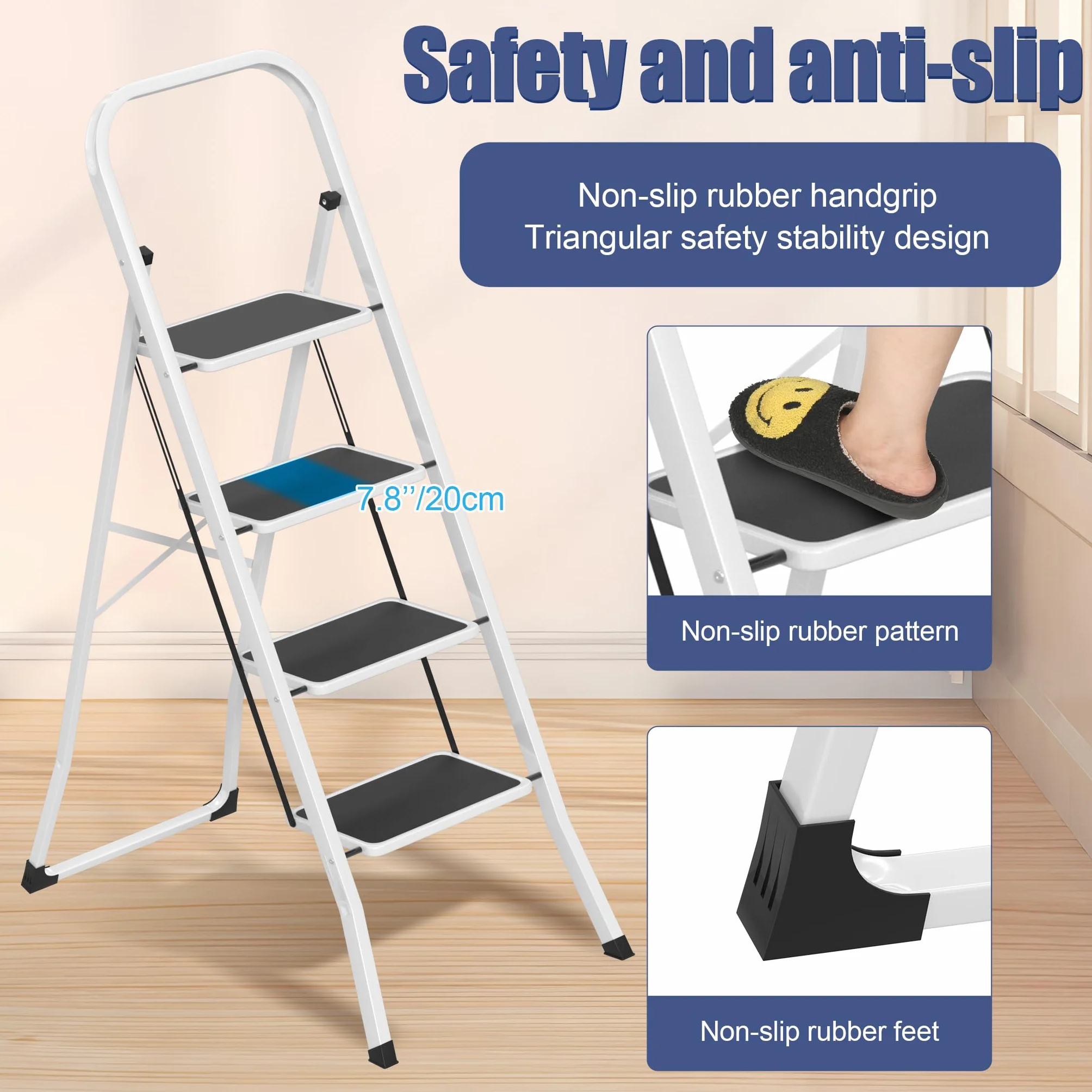 LARS360 Scala a pioli pieghevole 4 gradini – Scala a pioli pieghevole in acciaio con gradini antiscivolo, portata 150 kg, scala pieghevole per casa, cucina, ufficio, salvaspazio solo 5 cm (nero +