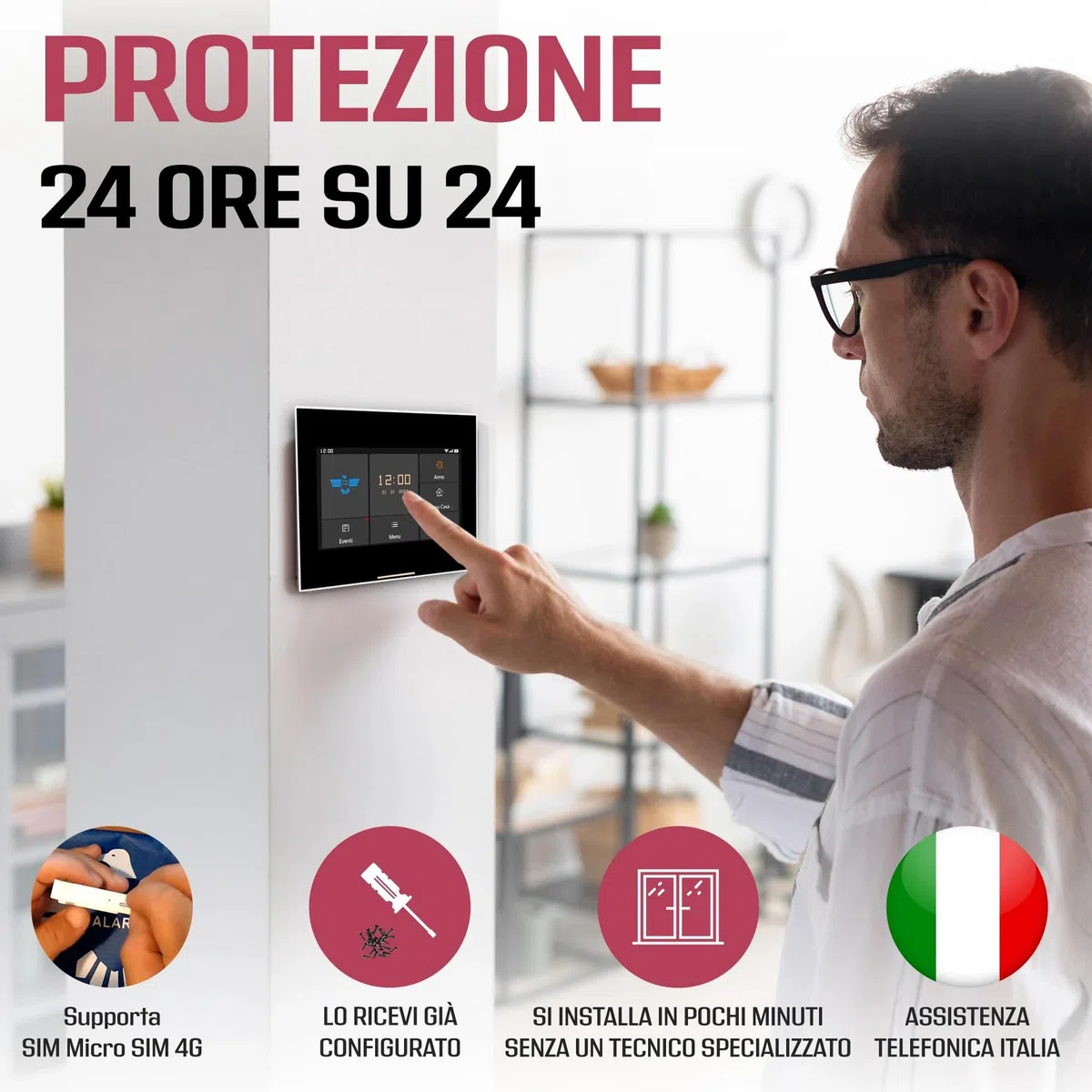 ITALIAN ALARM - Allarme Casa Senza Fili Touch Screen, Antifurto Casa WiFi GSM con APP Gestione Remoto, Sistema Allarme Wireless con Sensori Porte e Finestre. Mod. Micro Touch, Assistenza Italiana