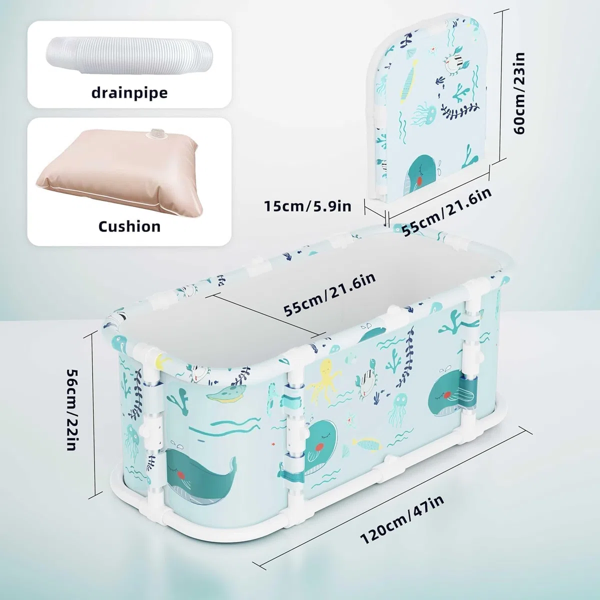 Vasca da bagno portatile, vasca da bagno pieghevole da 120 cm, installazione gratuita, vasca da bagno addensata a 7 strati con supporto in metallo, SPA (Stile oceano M2)