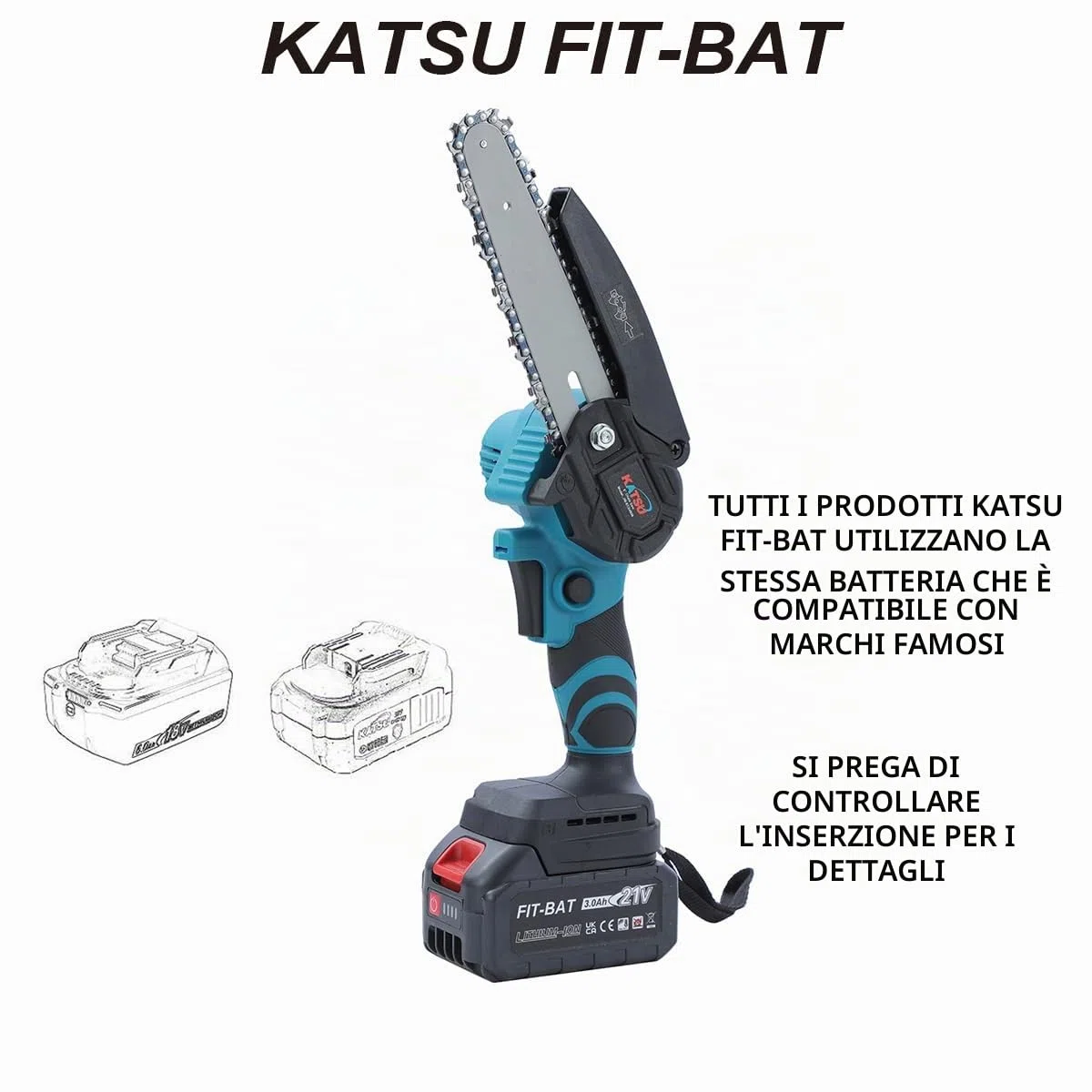 KATSU FIT-BAT 21V Motosega a Batteria Telescopica Esteso Fino a 253 cm Kit 3 in 1 con 3,0 Ah Batteria, Brushless Motosega e Forbice Potatura, per Potatura di Rami di Alberi