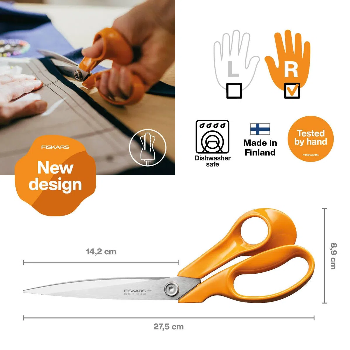 Fiskars Classic, Per Destrimani, Lunghezza Totale: 27,5 cm, Vite Torx Migliorata e Impugnatura più Ergonomica, Acciaio/Plastica di Qualità, Arancione, 1075056