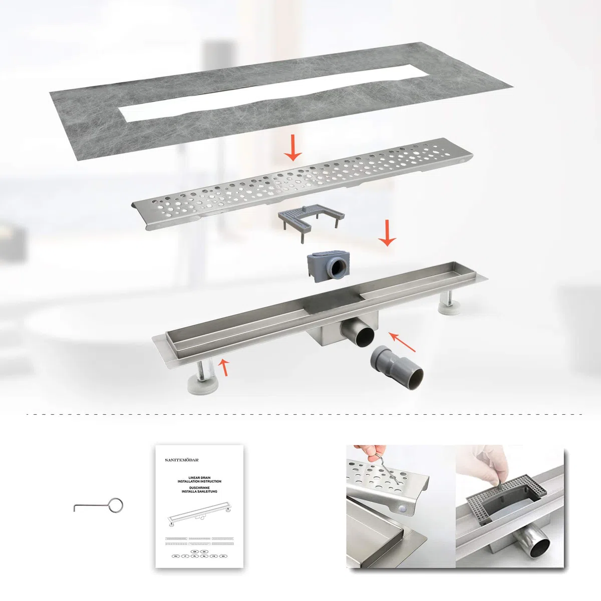 SaniteModar Canalina Scarico Doccia 120cm, Canaletta Doccia con Sifone e Filtro, Pannello a Bolle