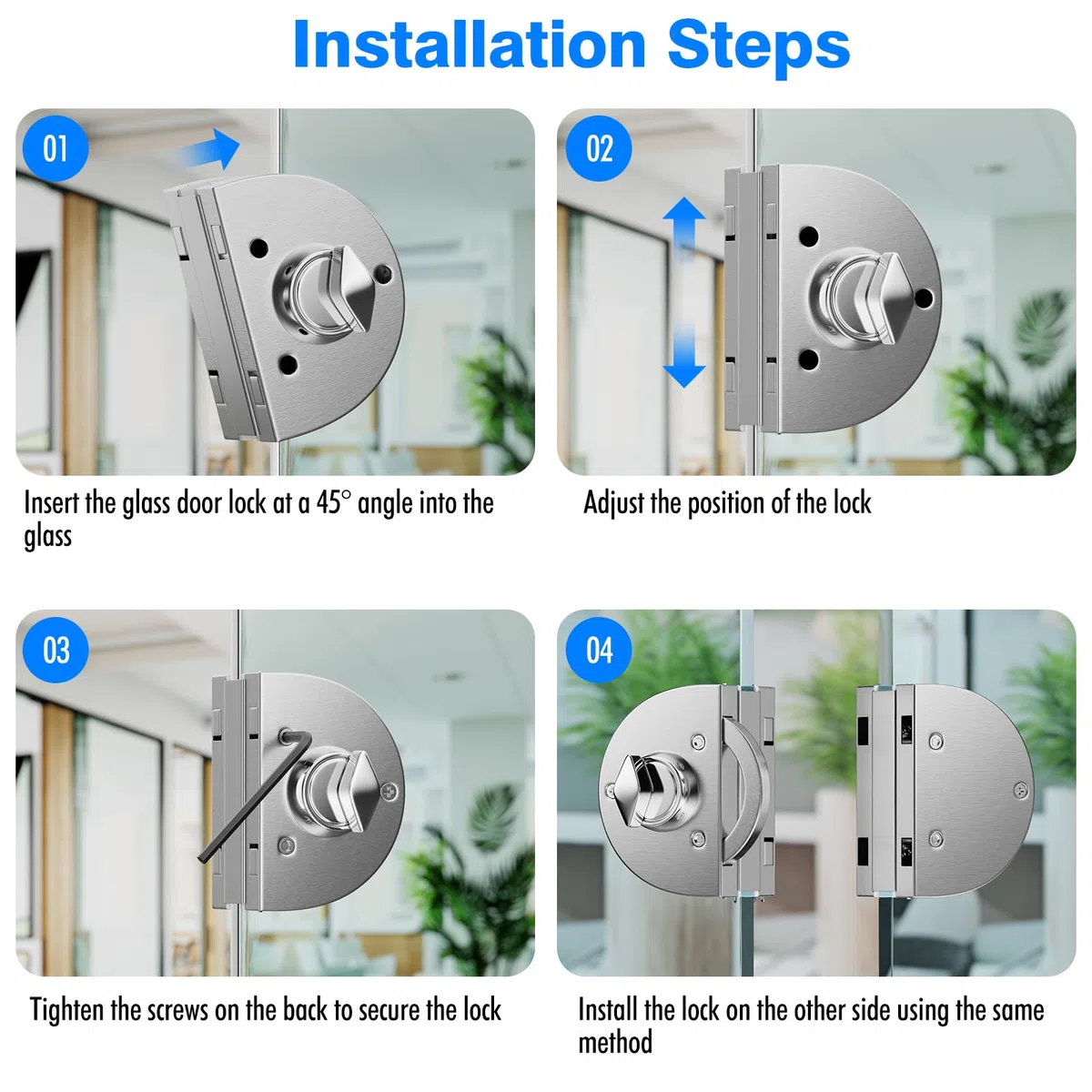 Serratura per porta in vetro senza fori, finitura spazzolata in acciaio inox 304,con chiave e pomello,compatibile con vetro temperato da 10-12 mm,installazione rapida,design moderno anti-effrazione.