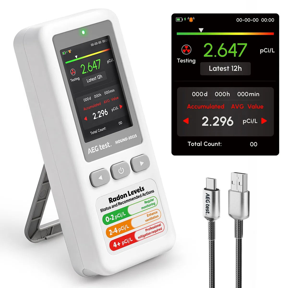 HOUND-1011S Rilevatore di Radon Portatile, Leggero, Dati 12H, Sensore Preciso, Monitoraggio 45 Giorni, Facile da Usare, Misurazioni Breve/Lungo Termine in pCi/L o Bq/m³ per Cantina