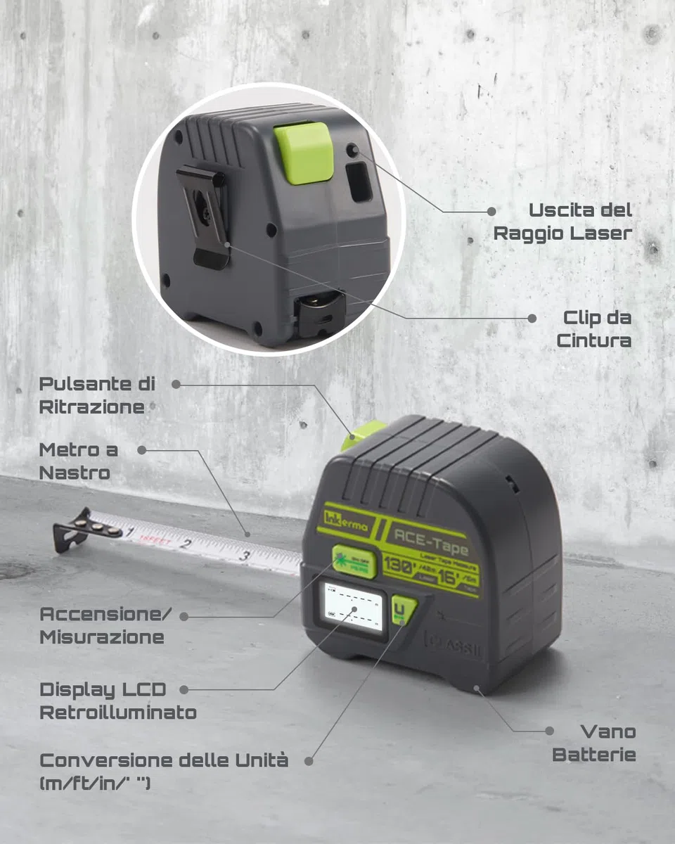 Metro a Nastro Laser 2-in-1, Inkerma Strumento di Misurazione Laser 130Ft/40m & Metro a Nastro 16Ft/5m, Misuratore Laser Digitale con Display LCD, Unità M/In/Ft/Ft+In, Nastro Auto-bloccante