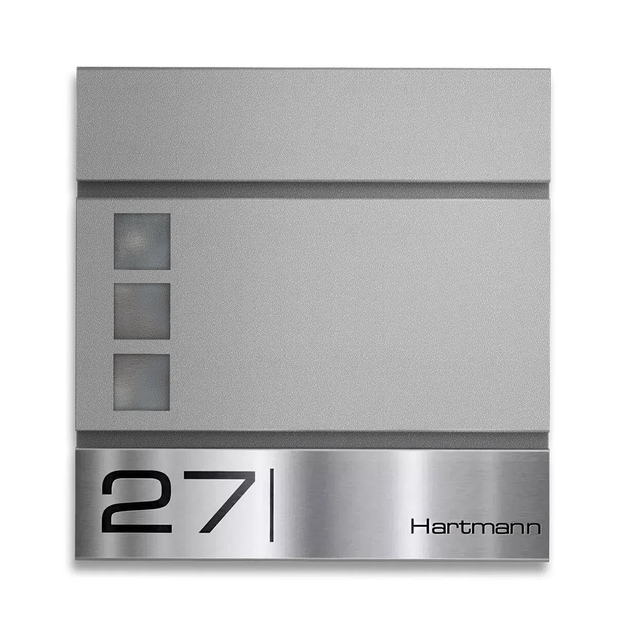 Metzler Cassetta Postale Grigio Alluminio RAL 9007 in Acciaio con Finestra – Incisione Laser Personalizzata (Nome & Numero Civico) su Targhetta in Inox – Con Vano Portagiornali – Modello Oltmann