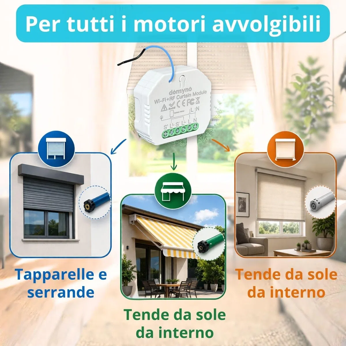 domyno Centraline per tapparelle Interruttore Serrande Tende con Controllo Wifi, Telecomando, Alexa, G.Home, App Tuya e Smartlife - n.5 Centraline + Telecomando 9 canali -