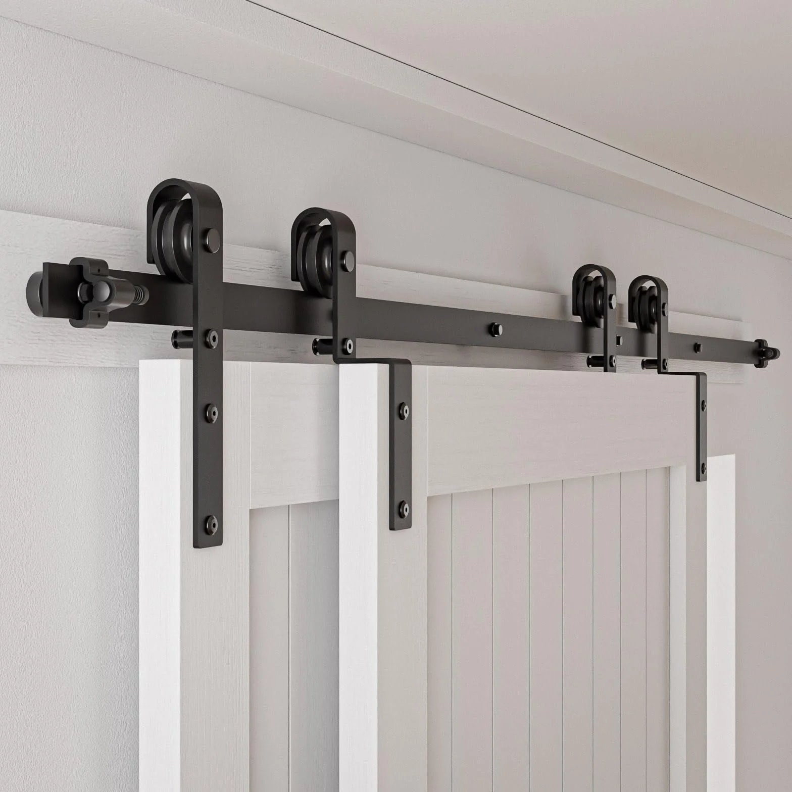 5.5FT/173CM Binario per Porta Scorrevole per Bypass Doppie Porte Facile da Installare, Nero Forma J