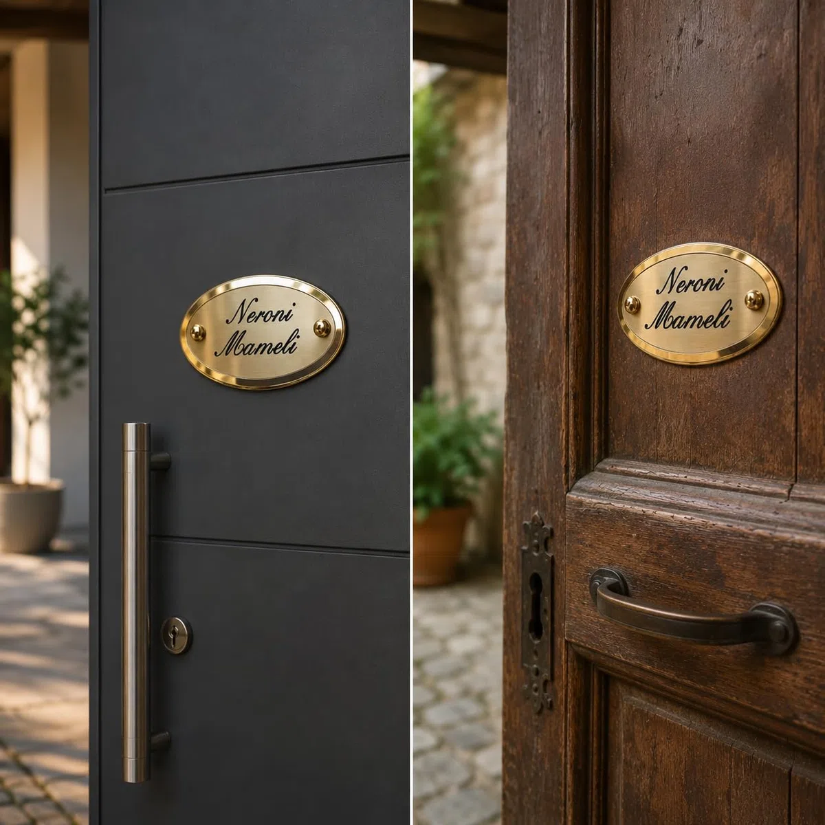 Targa Porta Ingresso Personalizzabile con Nomi, in Ottone Ovale Finitura Lucida/Satinata Incisa extra lusso per Esterno, Casa e Azienda - Made in Italy