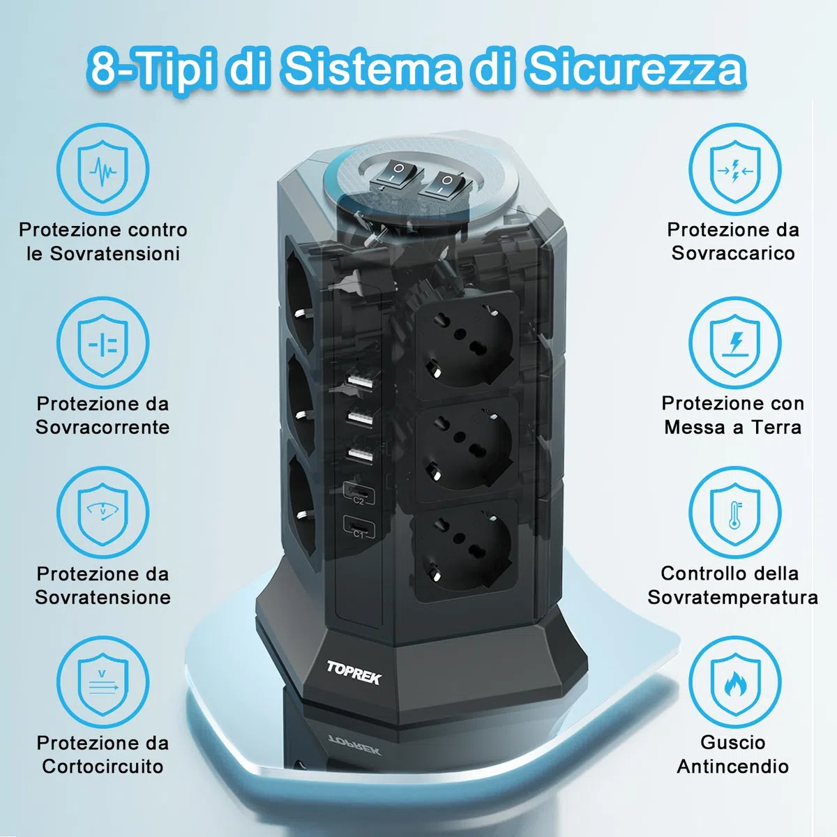 TOPREK Ciabatta Multipresa Verticale con 12 Prese Universali ITA 10/16A e Schuko e 2 USB C(20W PD3.0 Ricarica Rapida) e 3 USB A, Protezione Sovratensione, 4000W/16A, 2 Interruttore, 2M Cavo, Spina 16A