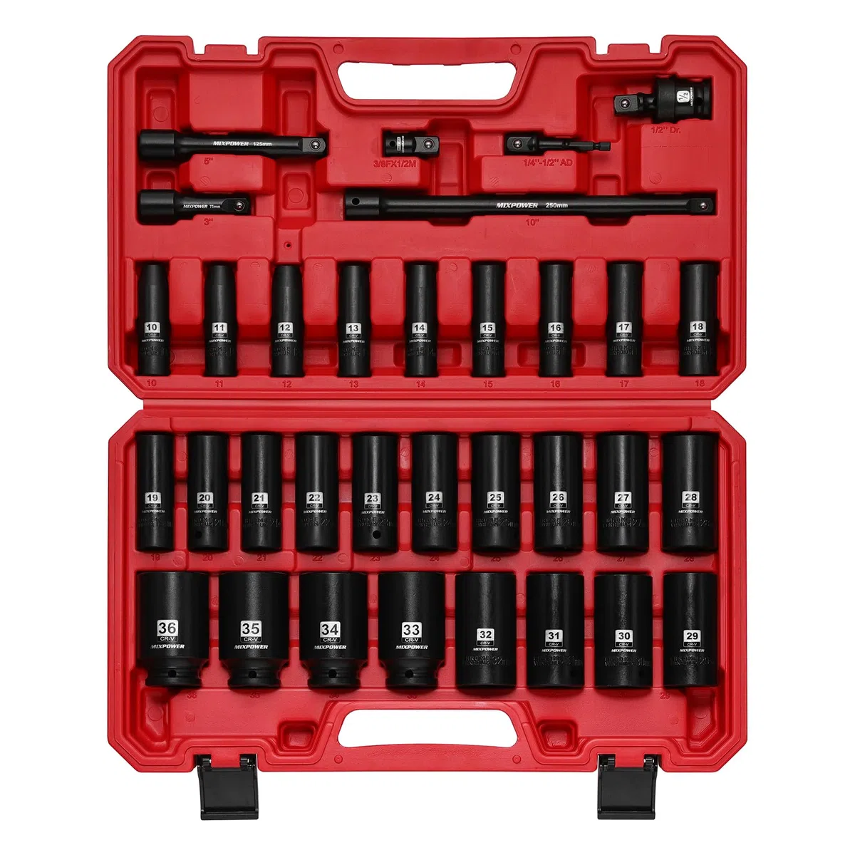 MIXPOWER Set di 33 chiavi a bussola a percussione, da 1/2", profondità da 10 a 36 mm, a 6 punti, con custodia portatile, metrica, acciaio CR-V e CR-MO