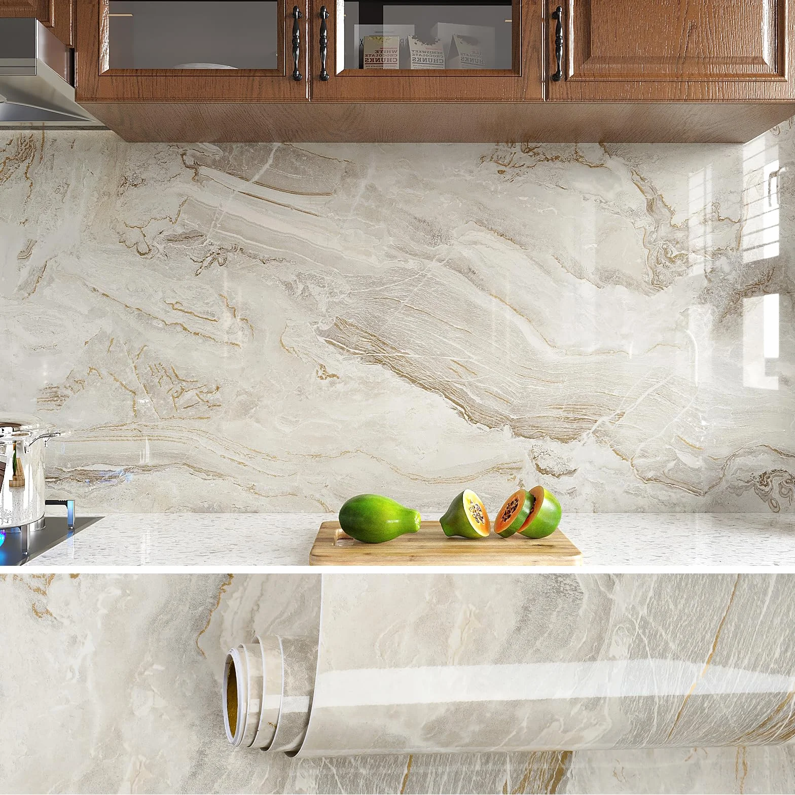 VEELIKE Carta da Parati Marmo Beige 81cm x 300cm Carta Adesiva Effetto Marmo Oro Pellicola Autoadesiva per Cucina Paraschizzi Pellicola Adesiva Decorativa Bagno Rivestimento Parete Camera da Letto