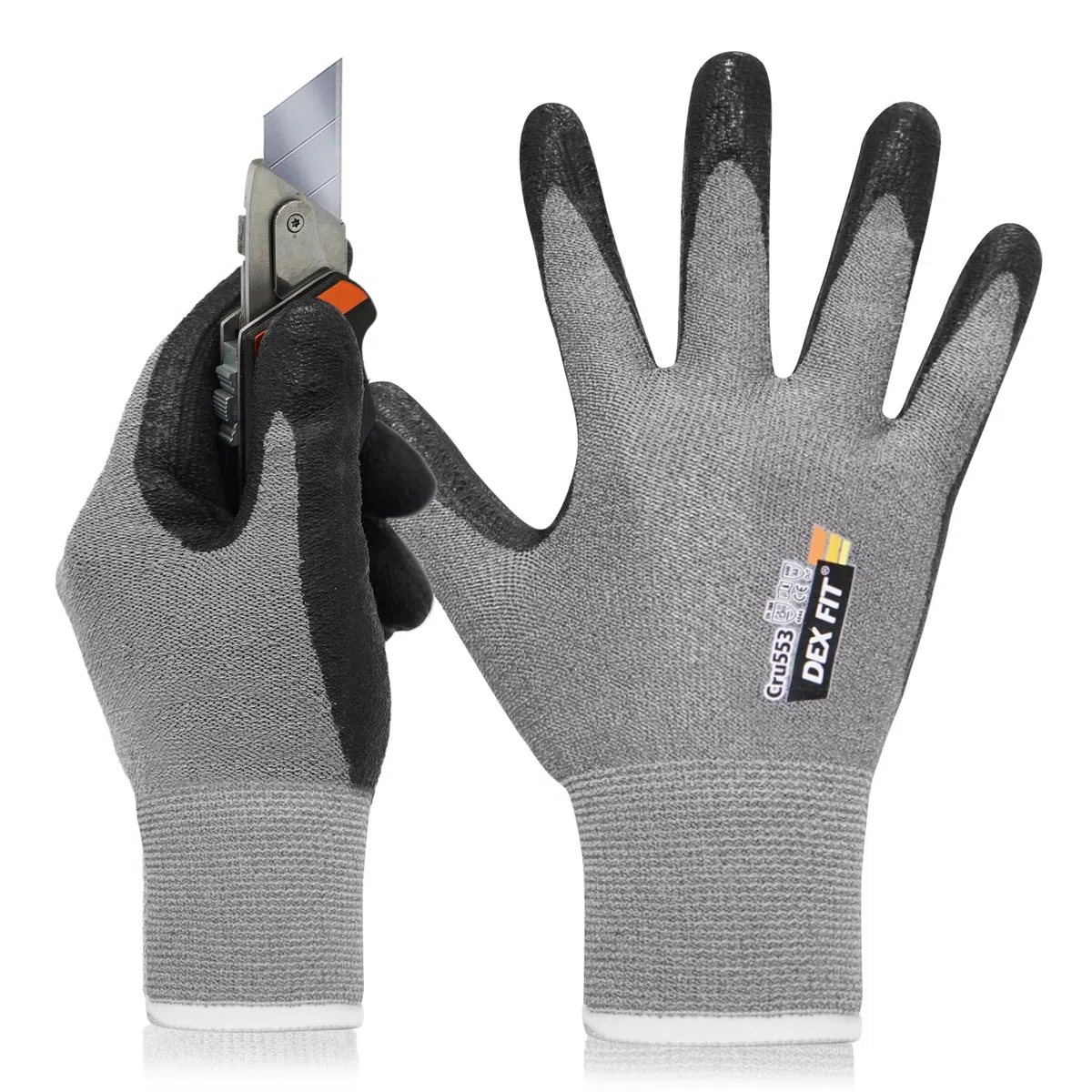 DEX FIT Level 5 Guanti antitaglio Cru553; vestibilità 3D, impugnatura fissa, sottili e leggeri, compatibili con touchscreen, durevoli, traspiranti e freddi, lavabili; Prime Grigio L (9) 1 paio