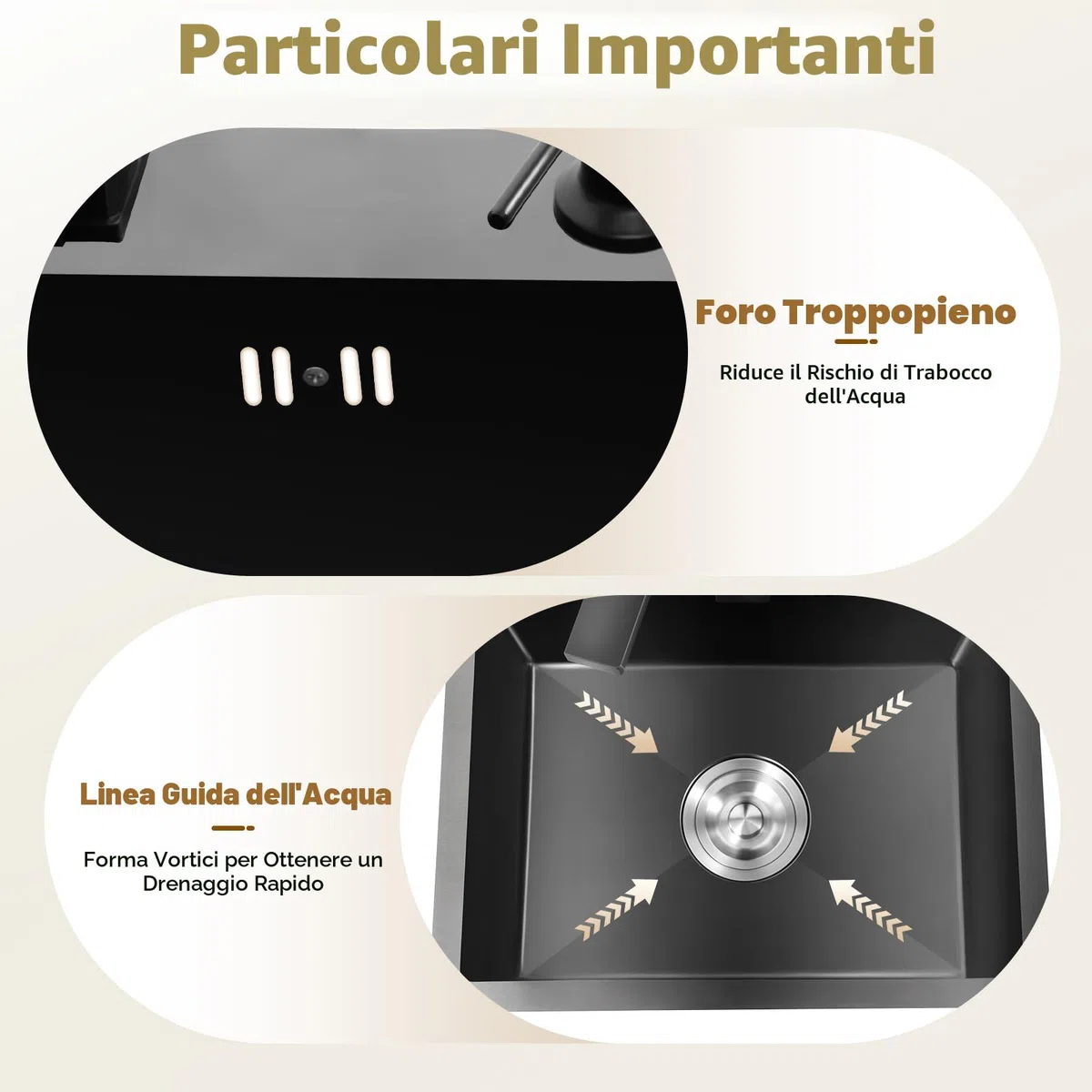 Lavello da cucina, nero, 45 x 40 cm, 1 vasca, in acciaio inox, rettangolare, moderno, con scolapiatti, rubinetto, dispenser di sapone