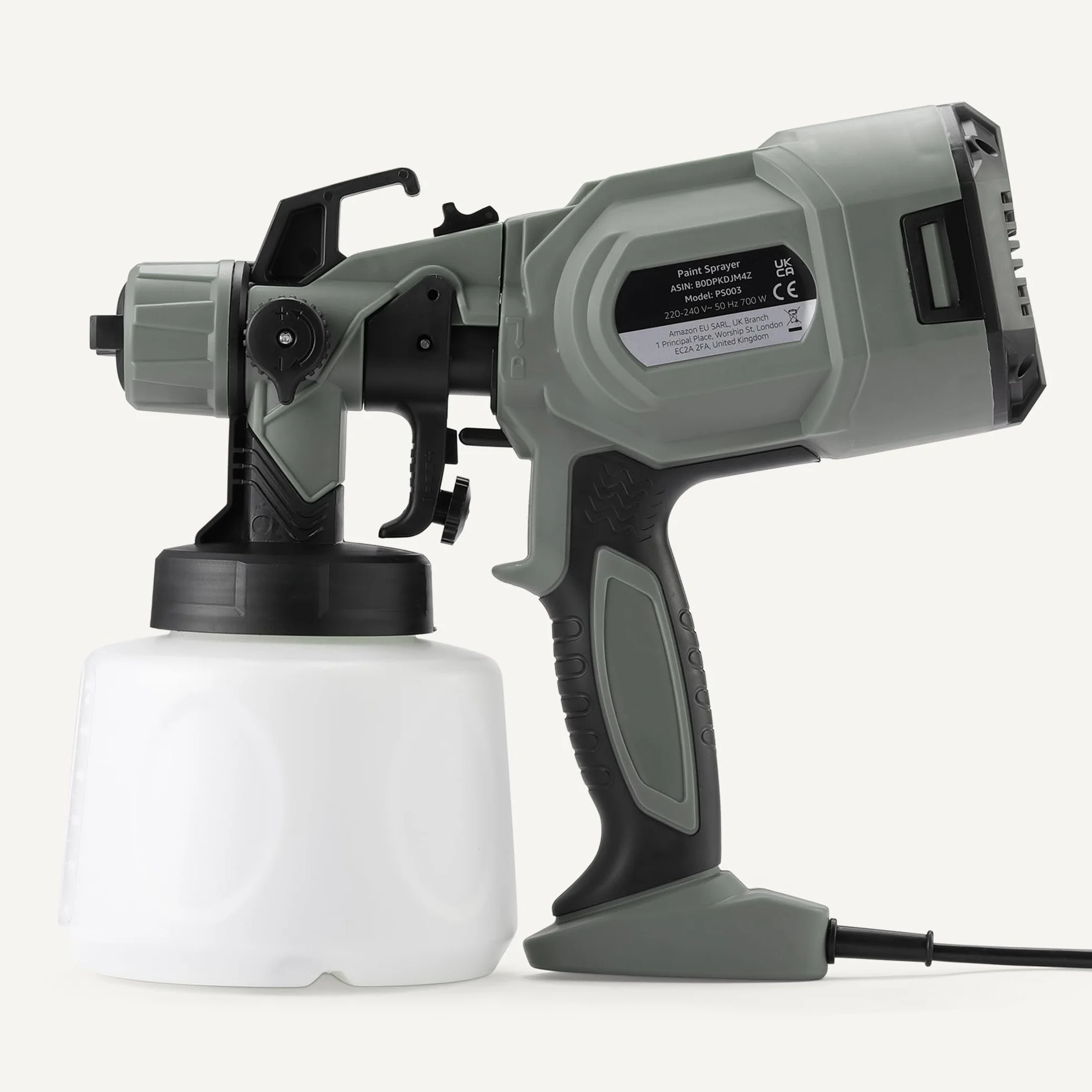 Amazon Basics Pistola a Spruzzo Elettrica 700W con Serbatoio da 1.200ml, 4 Ugelli e 3 Modalità di Spruzzo, per Interni ed Esterni, Grigia