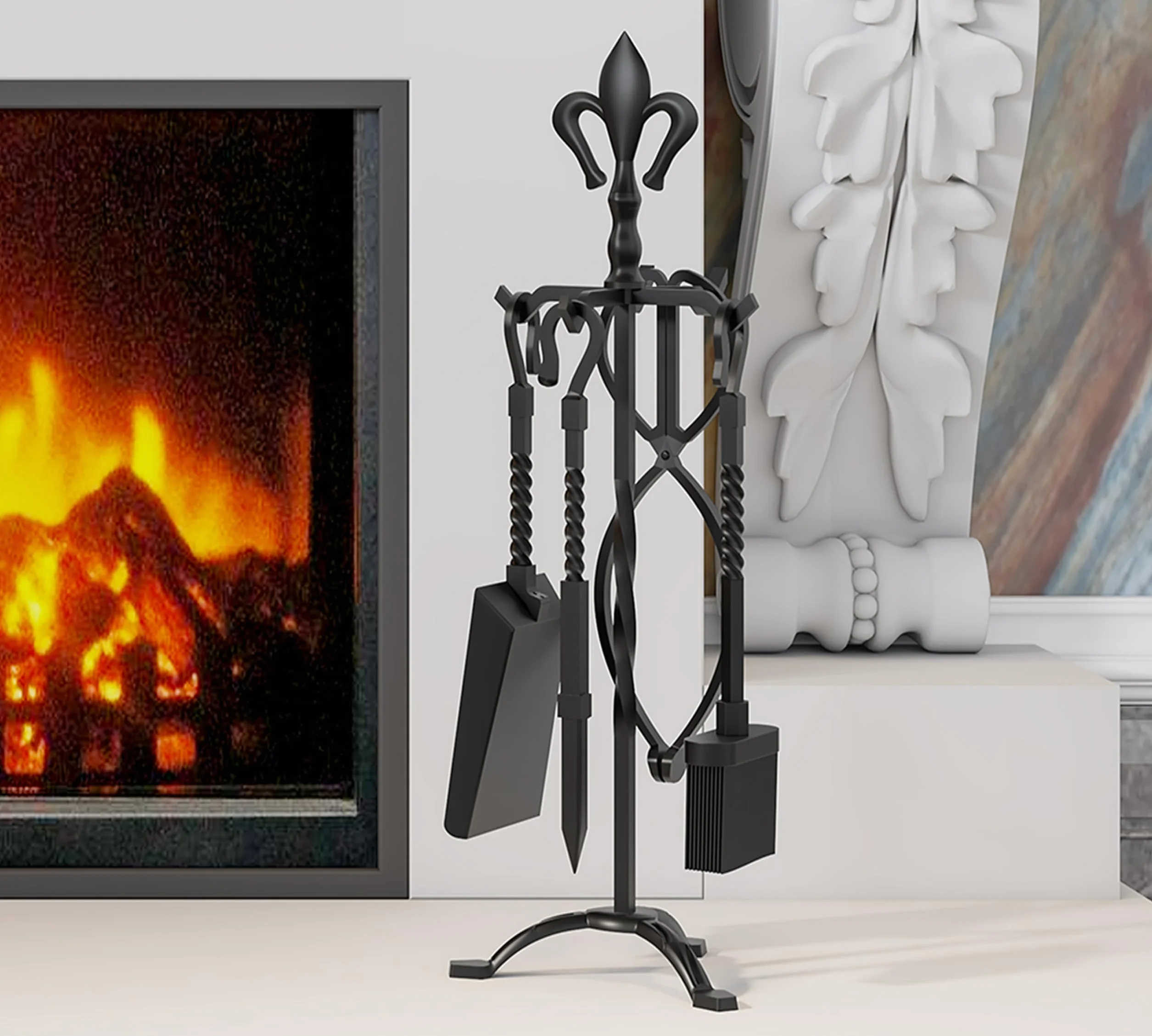 Kingson Set di 5 accessori per caminetto in ghisa, finitura nera, include attizzatoio, pinze, spazzola, pala e supporto, set di attrezzi per caminetti tradizionali, altezza 53 cm