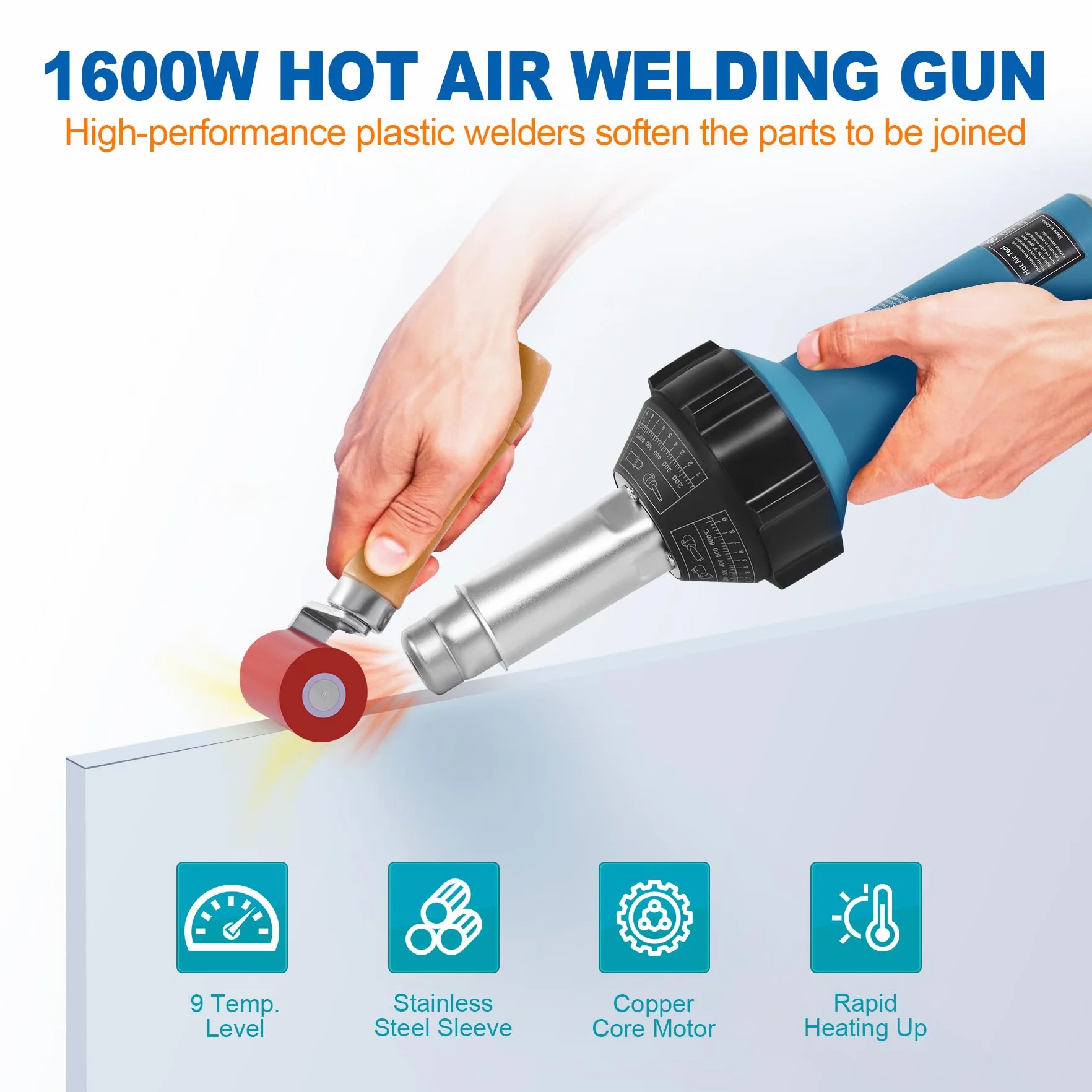 Pistola ad aria calda 1600W 220V in plastica con ugelli e aste PE/PVC, con 2 accessori