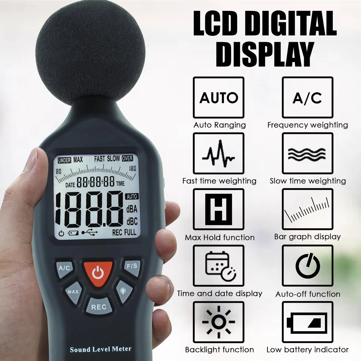 Fonometro professionale con data hold, logger e software CD - Monitor decibel ad alta precisione con retroilluminazione LCD, display MAX/MIN e intervallo di misurazione del rumore audio 30dB~130dB