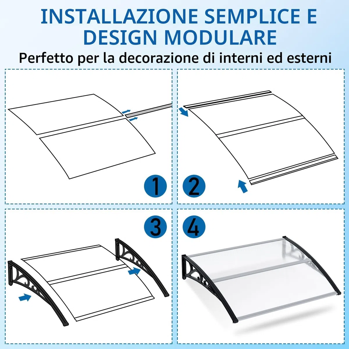 Sonnewelt Pensilina per Porta d'Ingresso 100x150 cm, Tetto in Policarbonato Alveolare 5 mm Trasparente con Struttura ABS, Tettoia ad Arco, Protezione Esterna dalla Pioggia e dal Sole