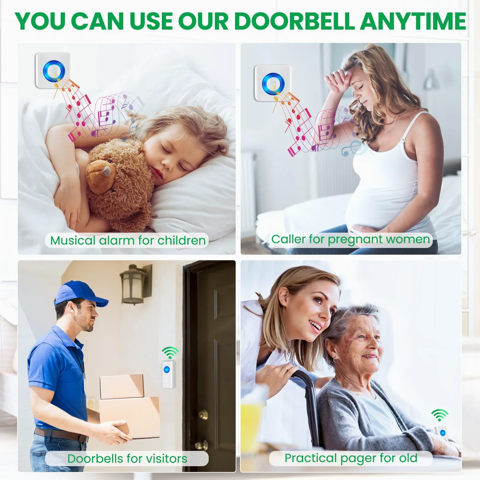 Campanello radio da esterno impermeabile, 4 ricevitori e 2 trasmettitori, set radio campanello Satisure, portata 400m/1300ft, 58 melodie, campanello d'ingresso per giardino, casa, ufficio