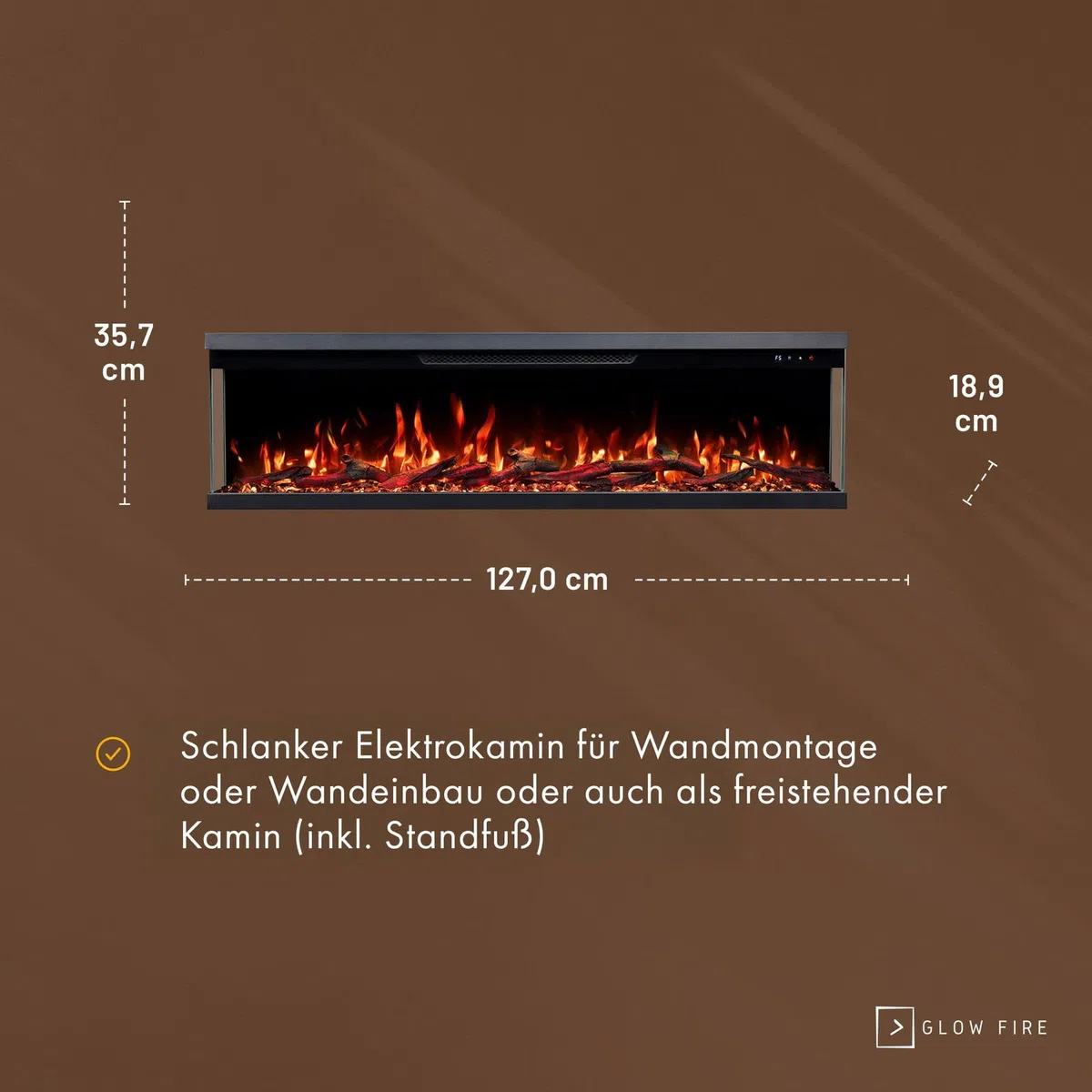GLOW FIRE Caminetto Elettrico Insert 127 con fuoco LED 3D realistico - Caminetto elettrico a parete con riscaldamento e fuoco, controllo tramite app, effetto crepitio e timer, max. 1800 W, 127x35x19