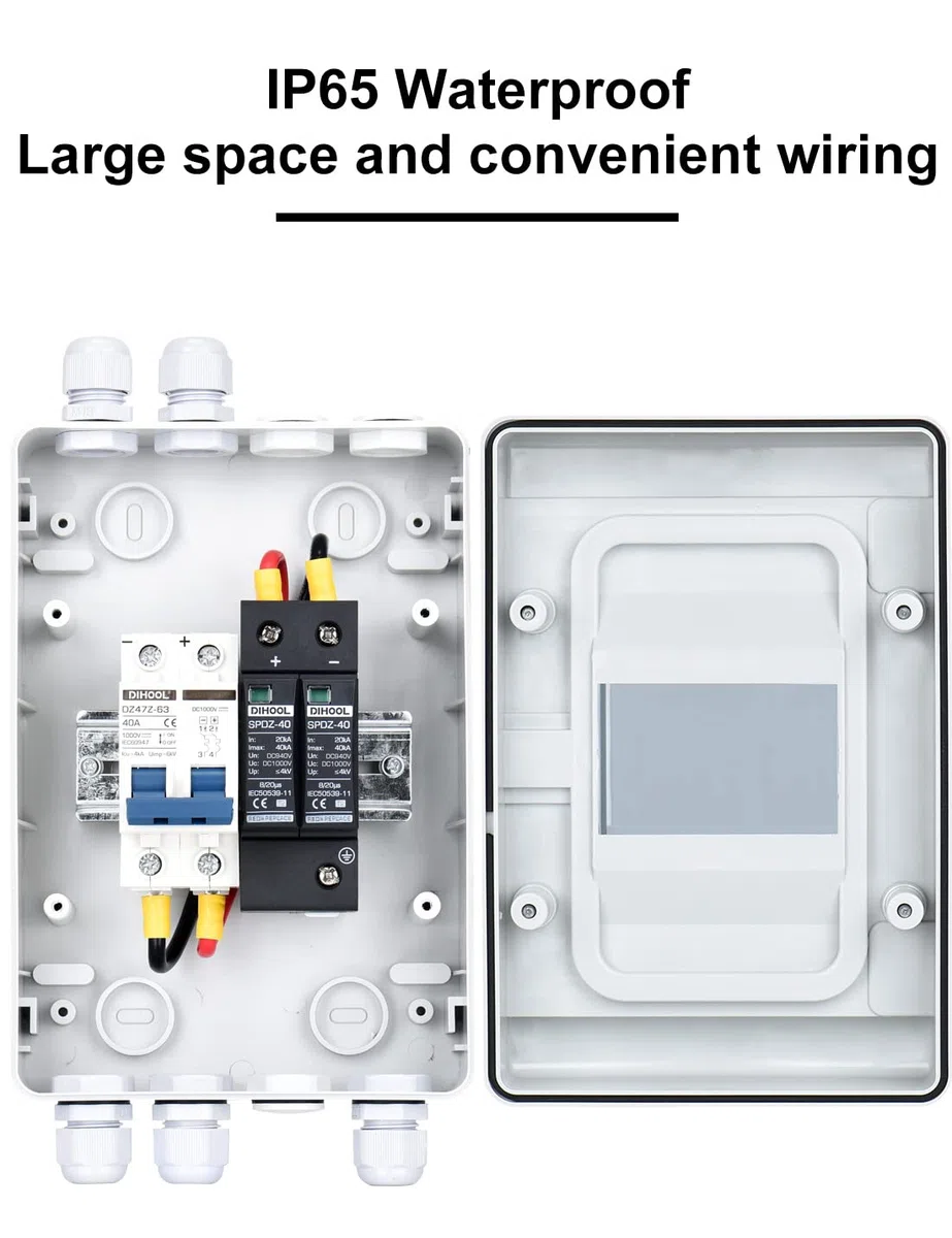 DIHOOL Protezione da sovratensione PV DC, interruttore di separazione, protezione da fulmini, 1000 VDC, 2 poli, 40 A, 20-40 KA, protezione solare da tensione per fotovoltaico, IP65, impermeabile