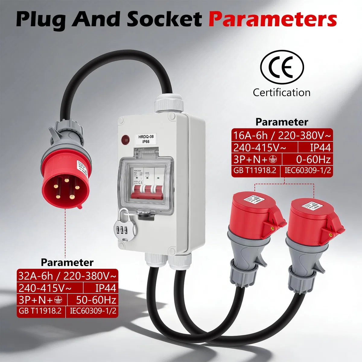 Adattatore di alimentazione CEE 32A a 16A X2 con interruttore, rame puro 5 pin 400V 1,5M Accoppiamento IP44 Distributore di alimentazione robusto, per l'industria del Camping-car Caravana, officine
