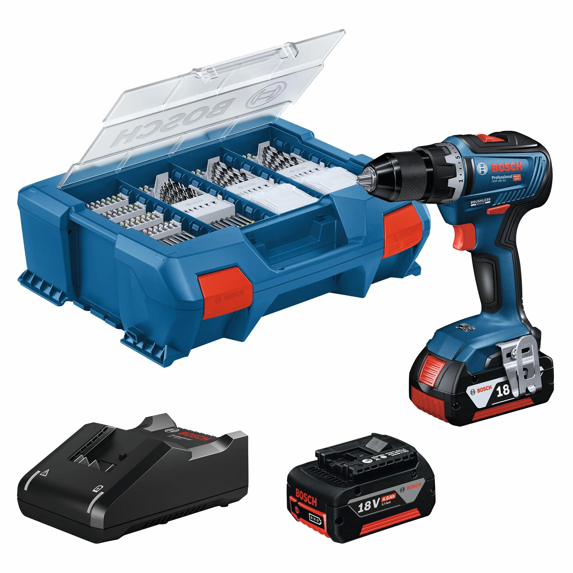 Bosch Professional 18V System Trapano-avvitatore a batteria GSR 18V-55 (coppia max. 55 Nm, 1.800 giri/min, 2 batterie 4.0Ah, caricabatteria GAL 18V-20,set di accessori da 82 pz., L-Case Pick & Click)