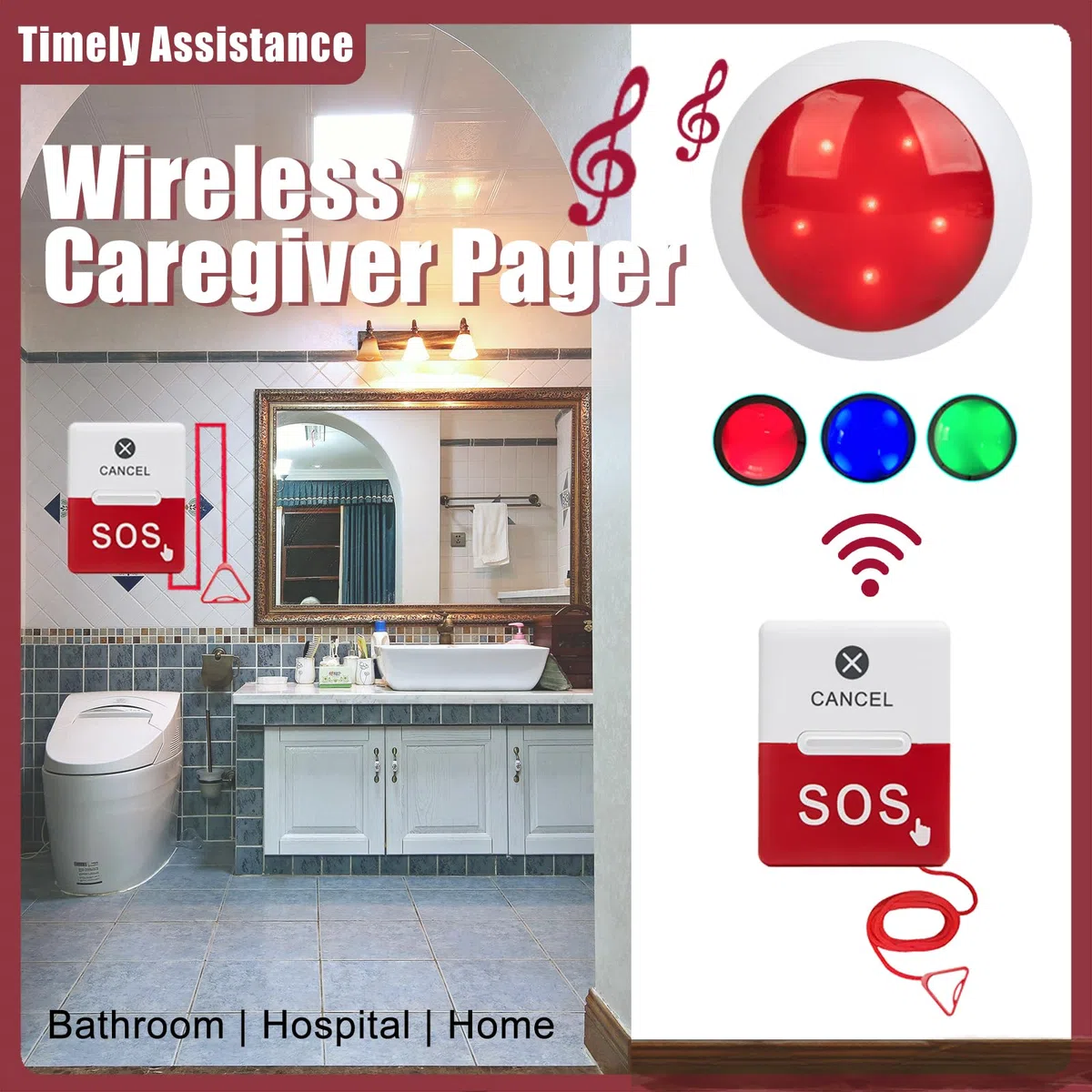 Kit Allarme Bagno Disabili, SOS Chiamata di Emergenza, Allarme Anziani da Casa, Cercapersone per Badanti, Oulsante Chiamata Emergenza Doccia, Salvalavita (2 Pulsante Di Emergenza+1 Ricevitore)