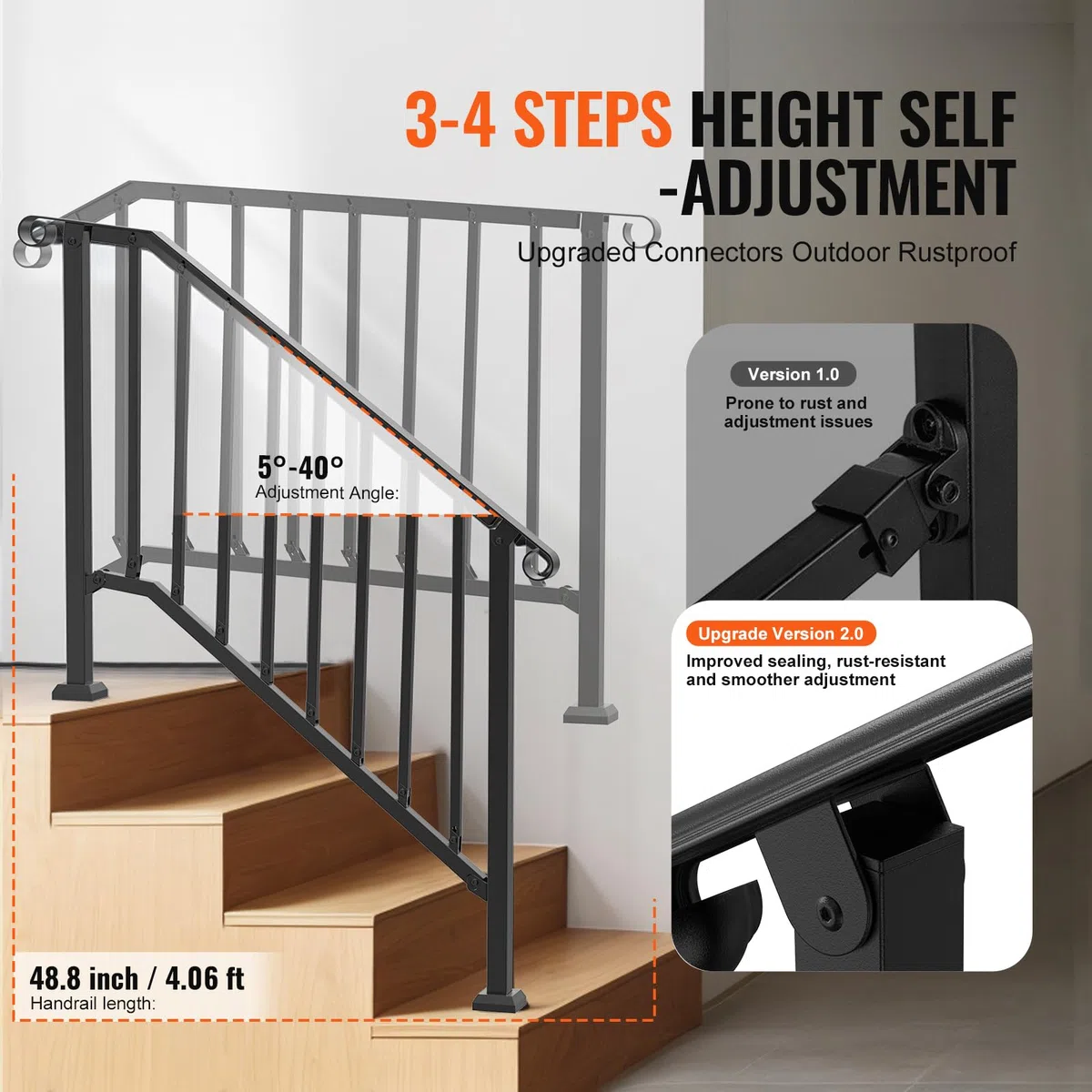 VEVOR Kit Corrimano per Gradini Esterni, Scale 3-4 Gradini, Ringhiere in Acciaio Carbonio di Transizione, con Kit di Installazione, Corrimano per Anziani, in Cemento e Portico, Arco Retrò Nero