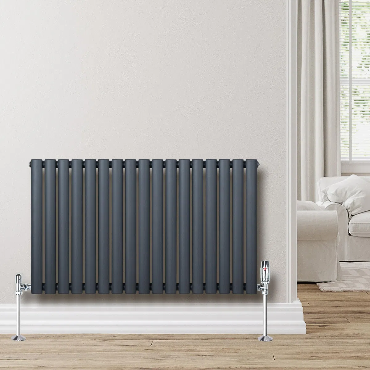 Radiatore Ovale a Colonna Singola 600 x 1020 mm Orizzontale Design Moderno Acciaio al Carbonio Riscaldamento Centrale Antracite con Kit Fissaggio e Spazzola