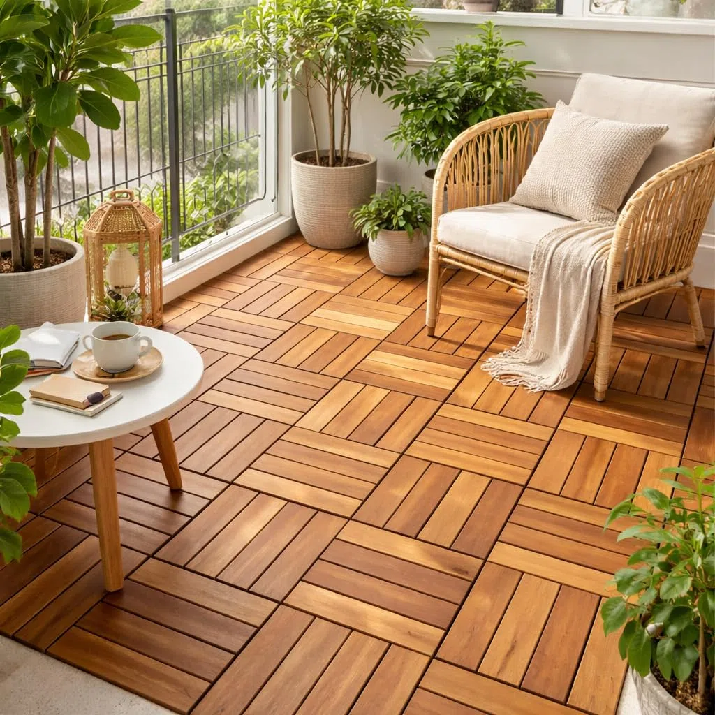 Set di Piastrelle in Legno di Acacia 30x30x2h cm - 12 Dogne Ciascuna, Pavimento Esterno, Giardino, Sistema a Incastro, per Terrazza, Patio, Resistente - Set da 36PZ
