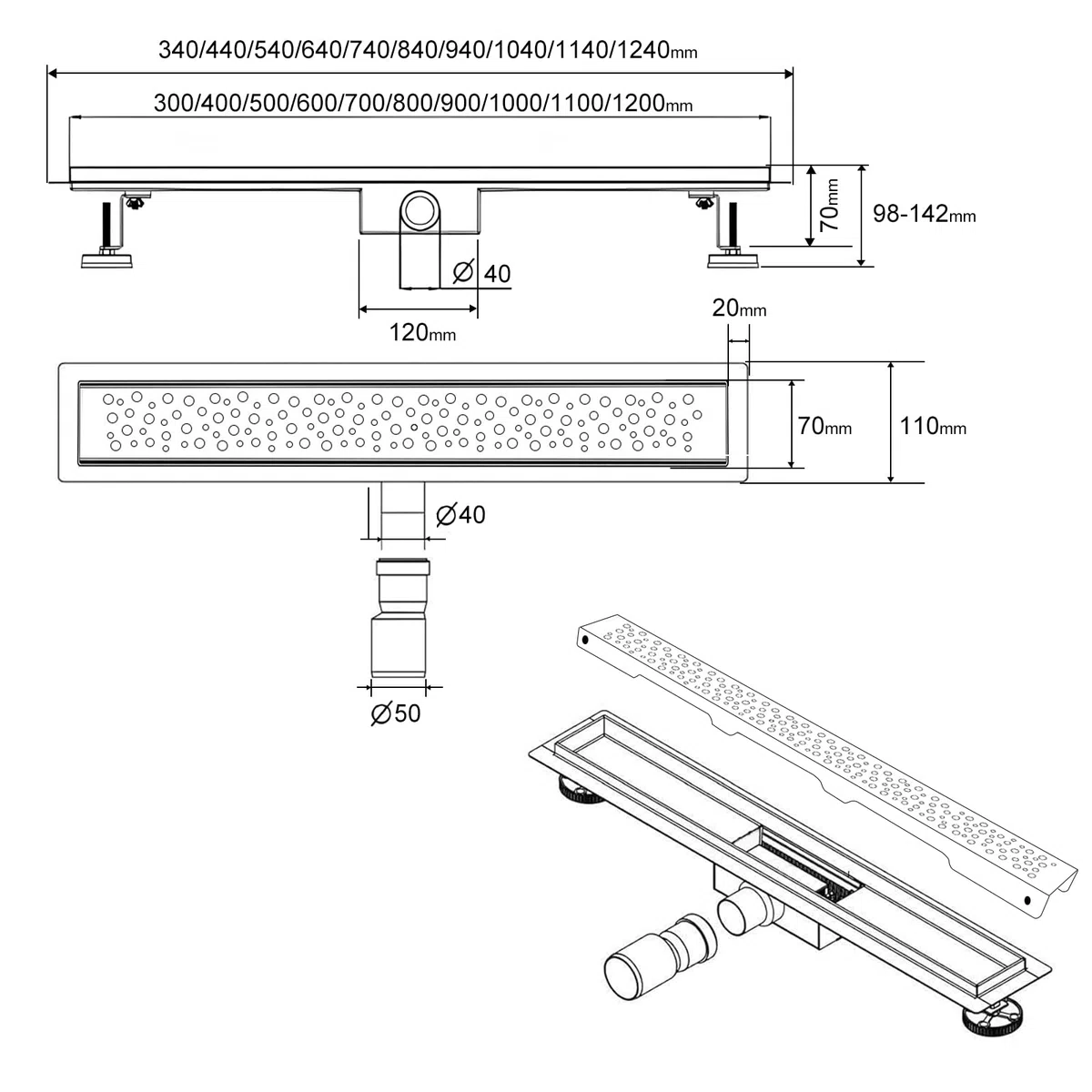 SaniteModar Canalina Scarico Doccia 120cm, Canaletta Doccia con Sifone e Filtro, Pannello a Bolle