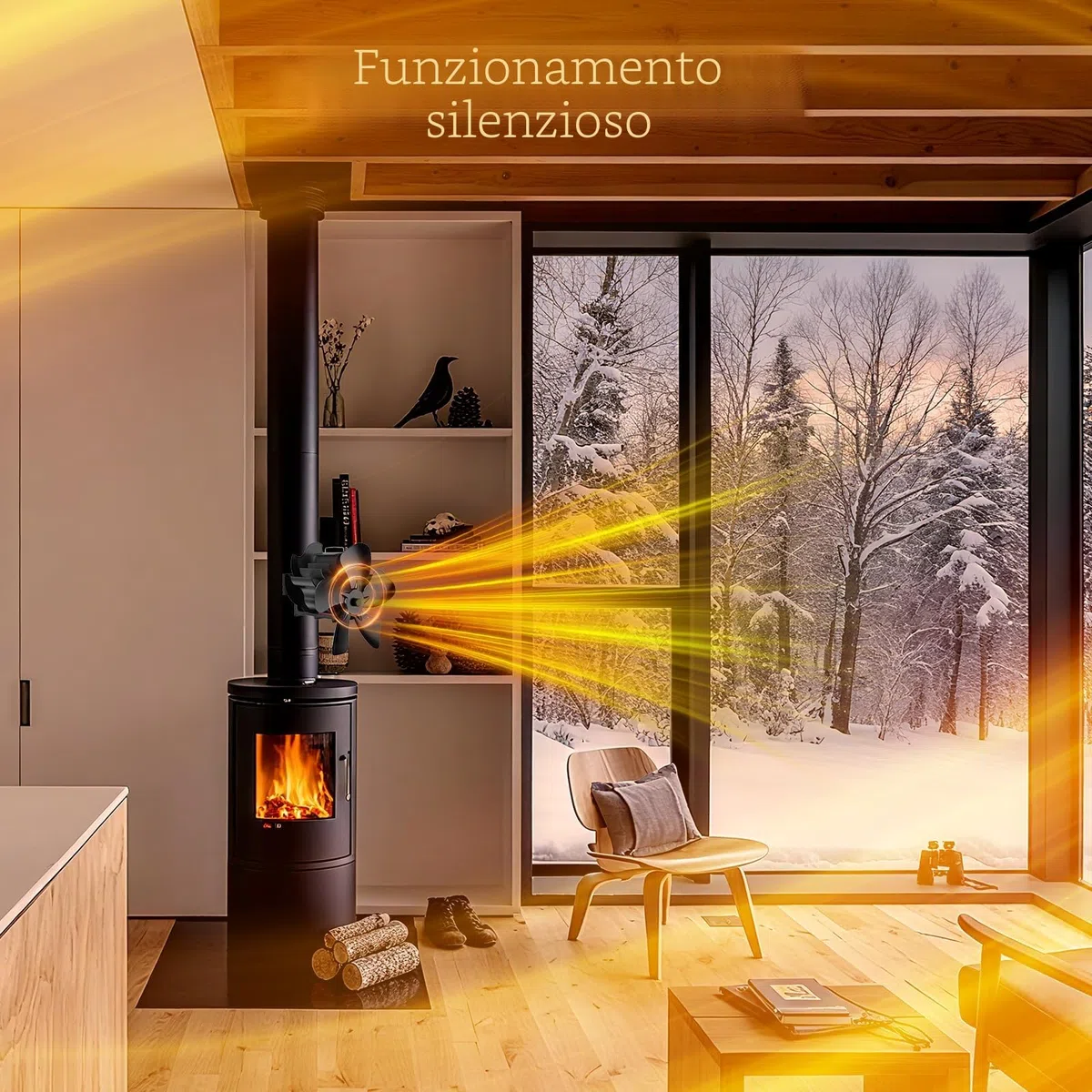Ventola per Stufa a Legna, ventilatore magnetico a 5 pale, a risparmio energetico e silenzioso, Adatto per stufe a legna, caminetti e canne fumarie