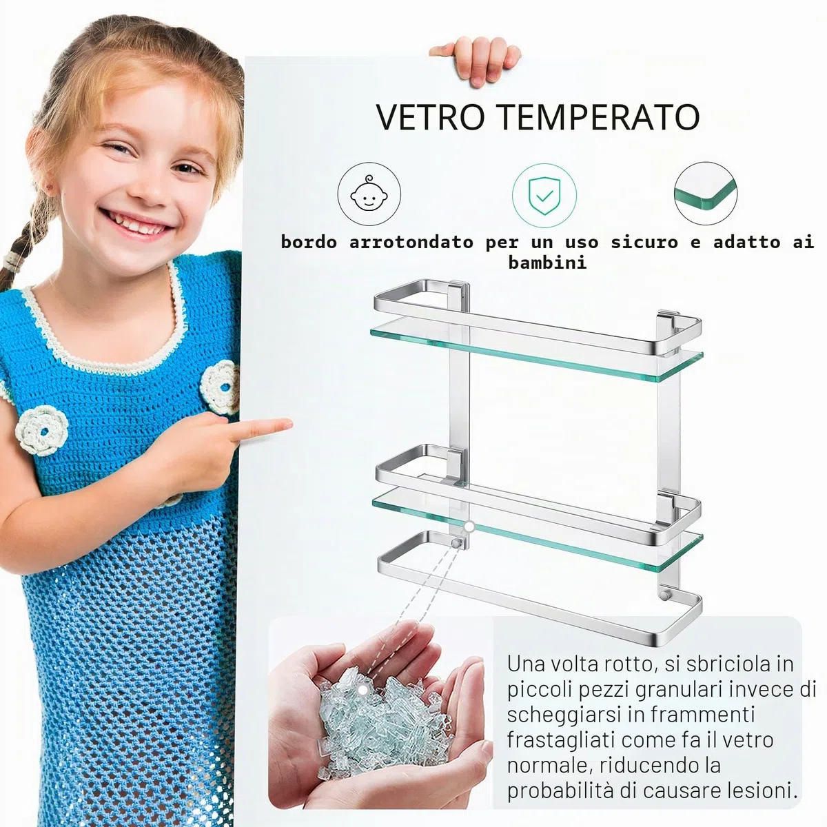 KES Mensola Bagno Vetro con Portasciugamani, Mensola Vetro Temperato 8MM di Spessore, 2-Livelli Mensola con Porta Asciugamani da Parete Alluminio Argento, A4127B