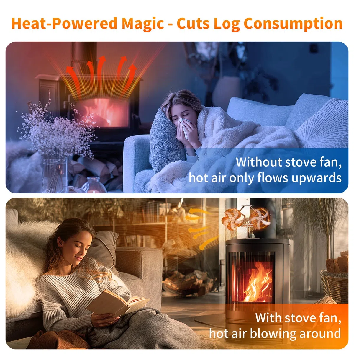 Ventilatore Per Stufa 10 Pale, Doppia Testa Ventilatore Stufa Silenzioso, Heat Circulation, Economia Ventola per Stufa Legna Adatto Tutte Caminetti (10 Pale)