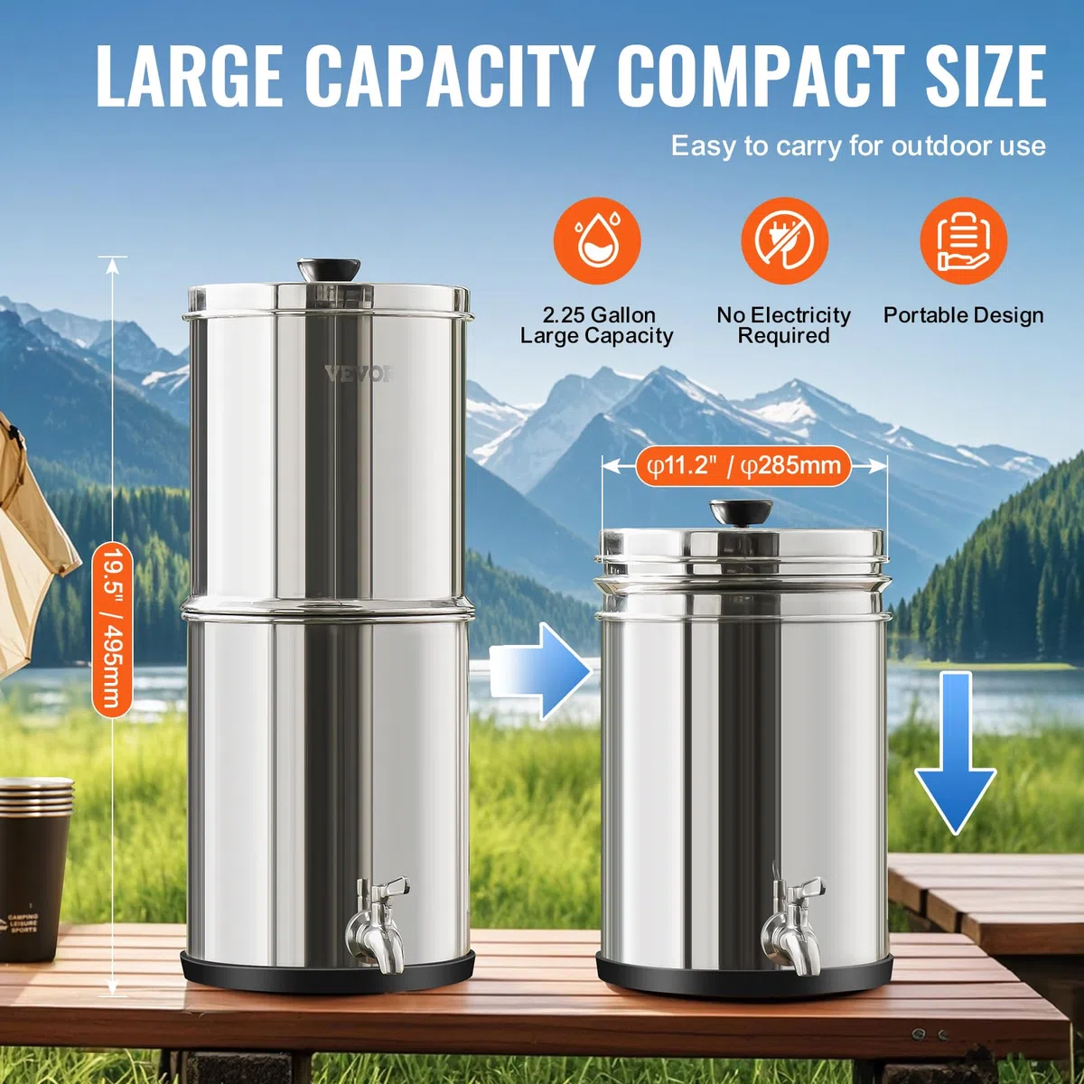 VEVOR Sistema di Filtraggio Acqua a Gravità Sistema da banco in Acciaio Inox Sistema Filtraggio Acqua 7+8,5 L, Riduce Piombo Cloro, Filtraggio Acqua con 2 Filtri al Carbone Rubinetto Camping RV Home