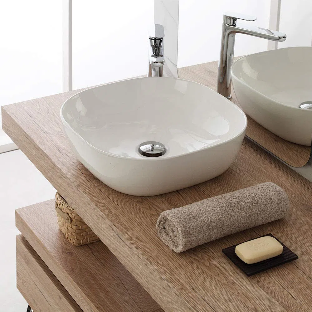 Inbagno Lavabo da appoggio Bianco Lucido in Ceramica, 42,5 x 42,5 x h.14,5 cm, Lavandino Bagno con Design Moderno