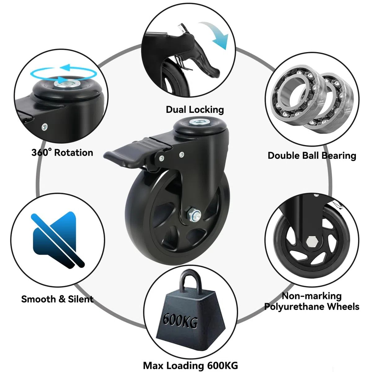 Rotelle per Mobili con Freno, Ruote Girevoli da 125mm con Foro Posteriore M12, Ruote per Il Trasporto, Ruote per Carrello Rotazione di 360 Gradi, Set da 4 Ruote per Mobili Portata 650 Kg