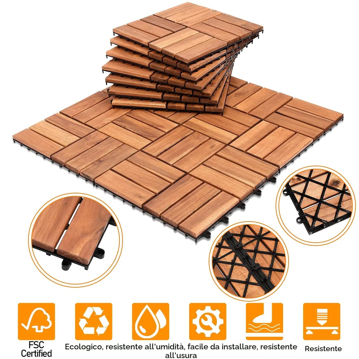 Piastrelle in legno 11 pezzi | 30 × 30 cm | 1 m² per piastrelle da pavimento | in legno di acacia | Pavimentazione per esterni e interni, balcone con sistema di drenaggio e sistema a clic