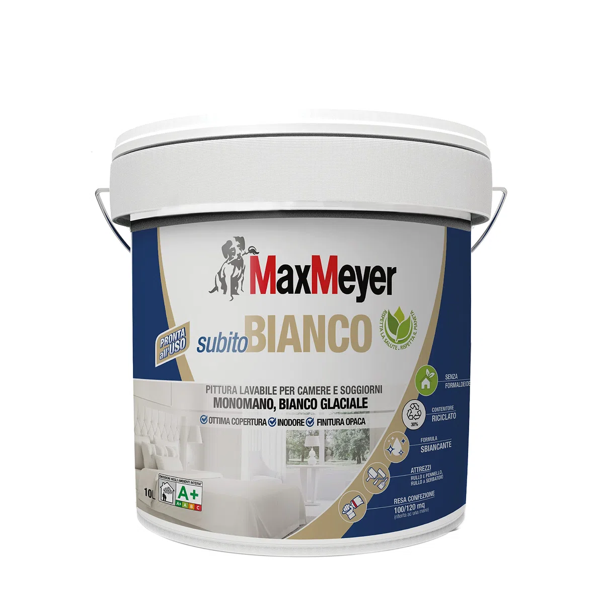 MAXMEYER Pittura per interni Lavabile A+ e priva di formaldeide, formula sbiancante, Subitobianco A+ BIANCO 10 L
