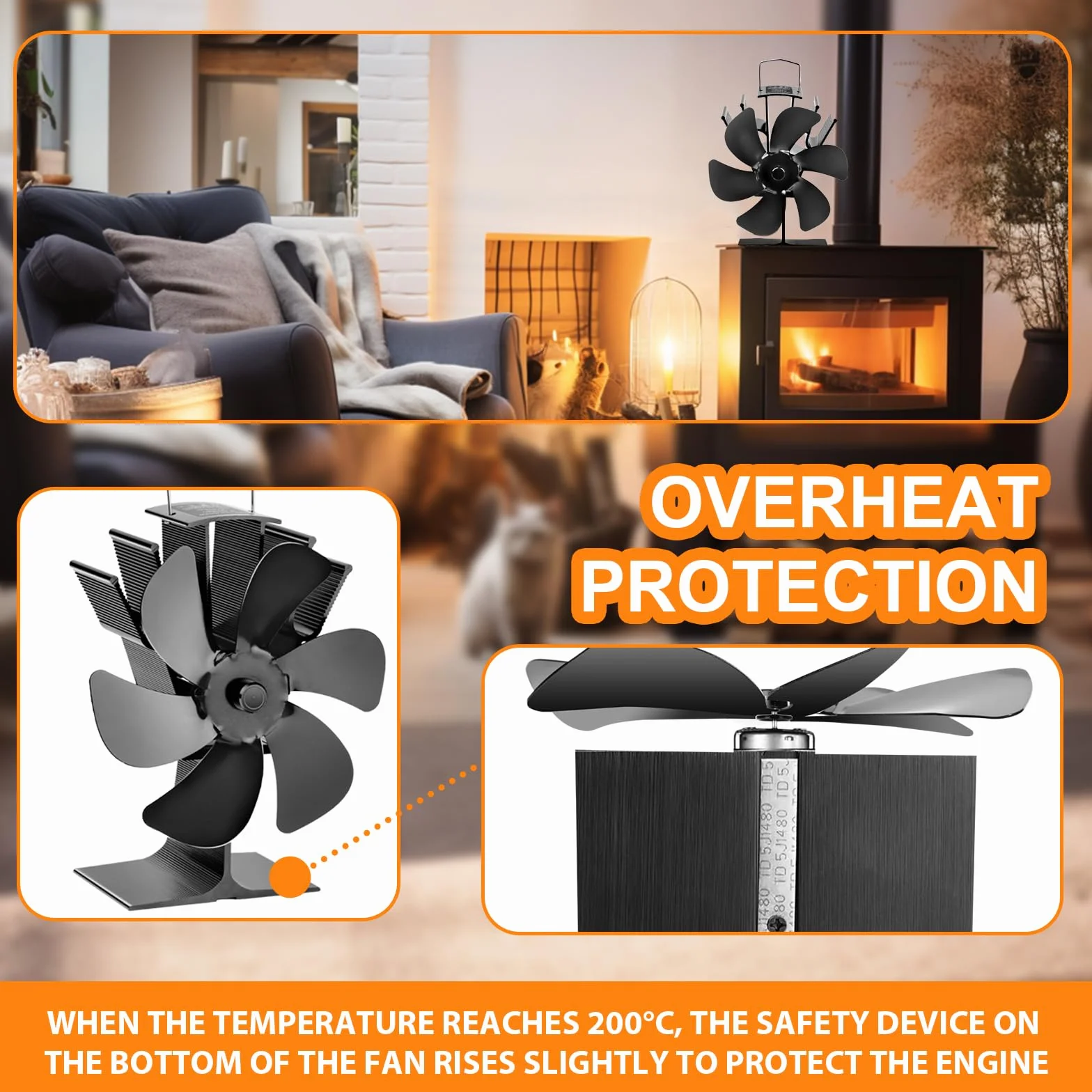 KAEFUYS Ventilatore per Stufa a Legna, Ventola da Caminod con 6 Pale, Ventola Stufa Silenzioso Distribuzione Efficiente del Calore, Ventilatore per Camino per Bruciatore di Tronchi Stufa