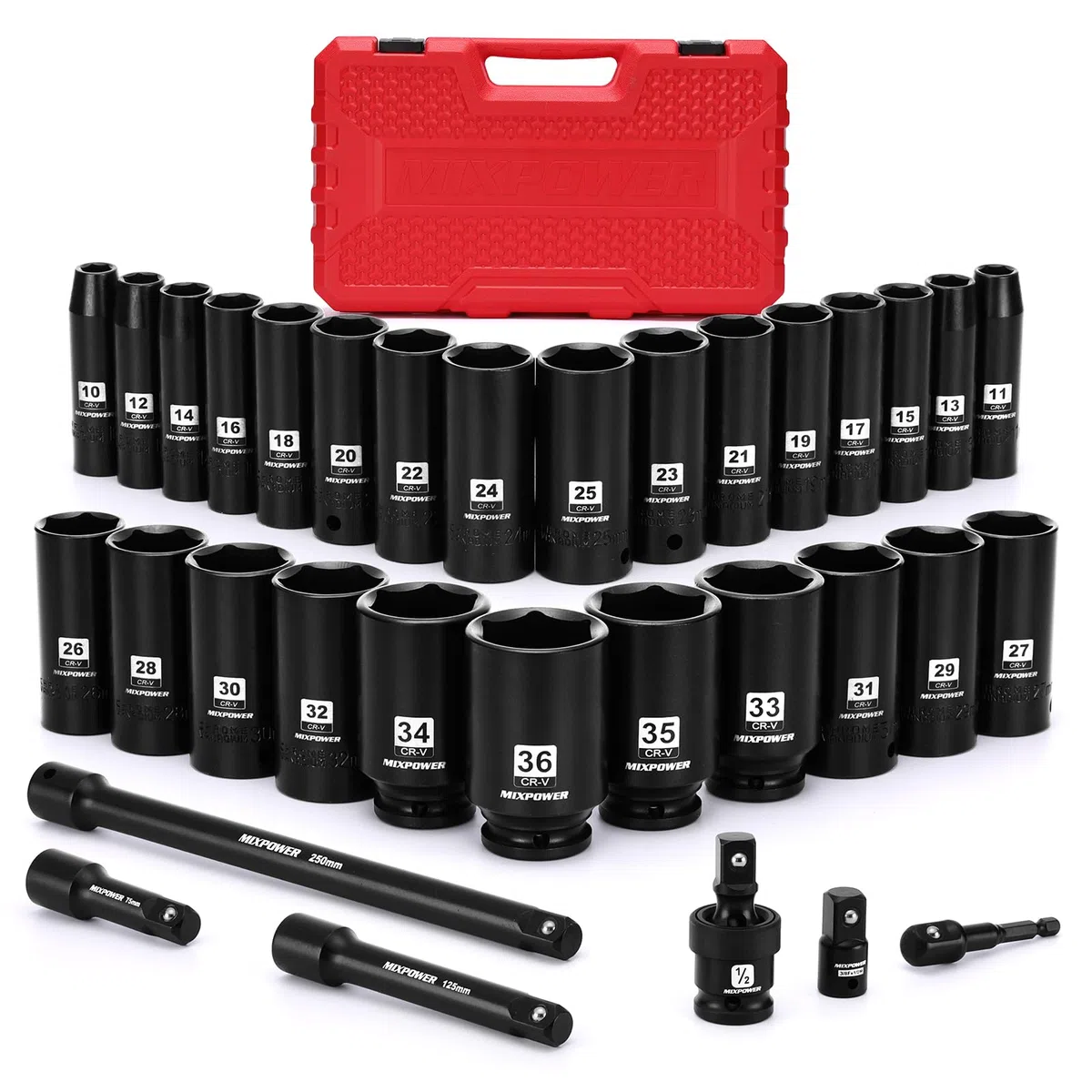 MIXPOWER Set di 33 chiavi a bussola a percussione, da 1/2", profondità da 10 a 36 mm, a 6 punti, con custodia portatile, metrica, acciaio CR-V e CR-MO