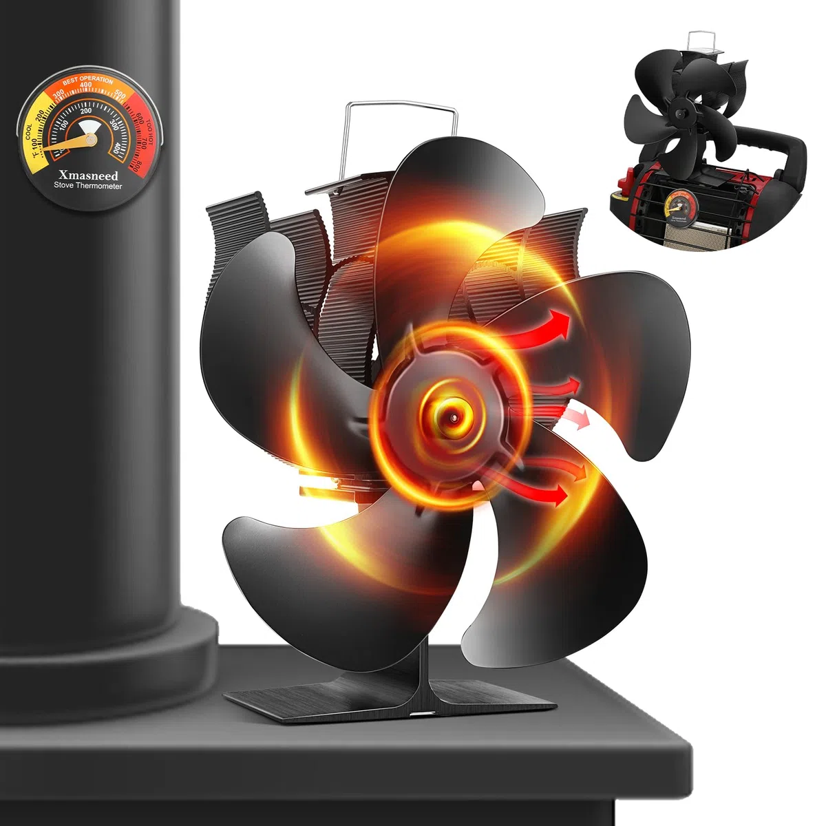 Ventilatore per stufa a legna, ventilatore per camino a 5 pale per stufa a legna, ventilatore a calore, funzionamento silenzioso che circola aria calda, (include termometro magnetico)