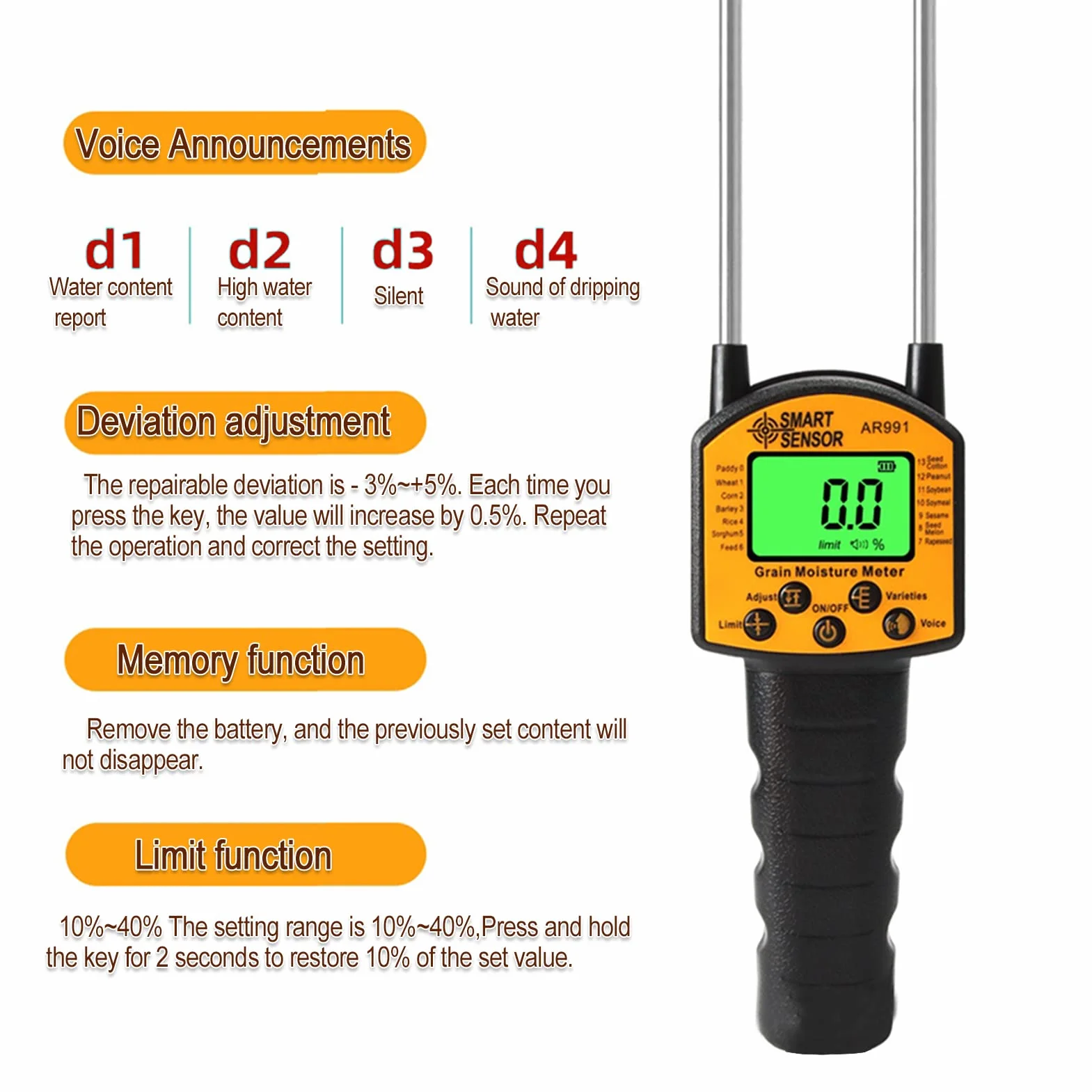 Misuratore Umidità Fieno,Misuratore di umidità per cereali LCD digitale AR991, tester di umidità per umidità portatile, analizzatore di contenuto d'acqua con sonda di misurazione per grano, mais